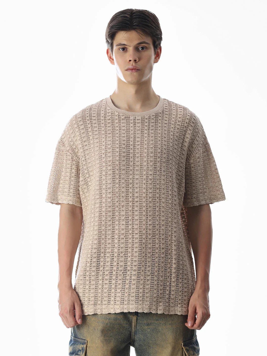 Beige Jacquard Boxy Fit T-shirt - Image 8