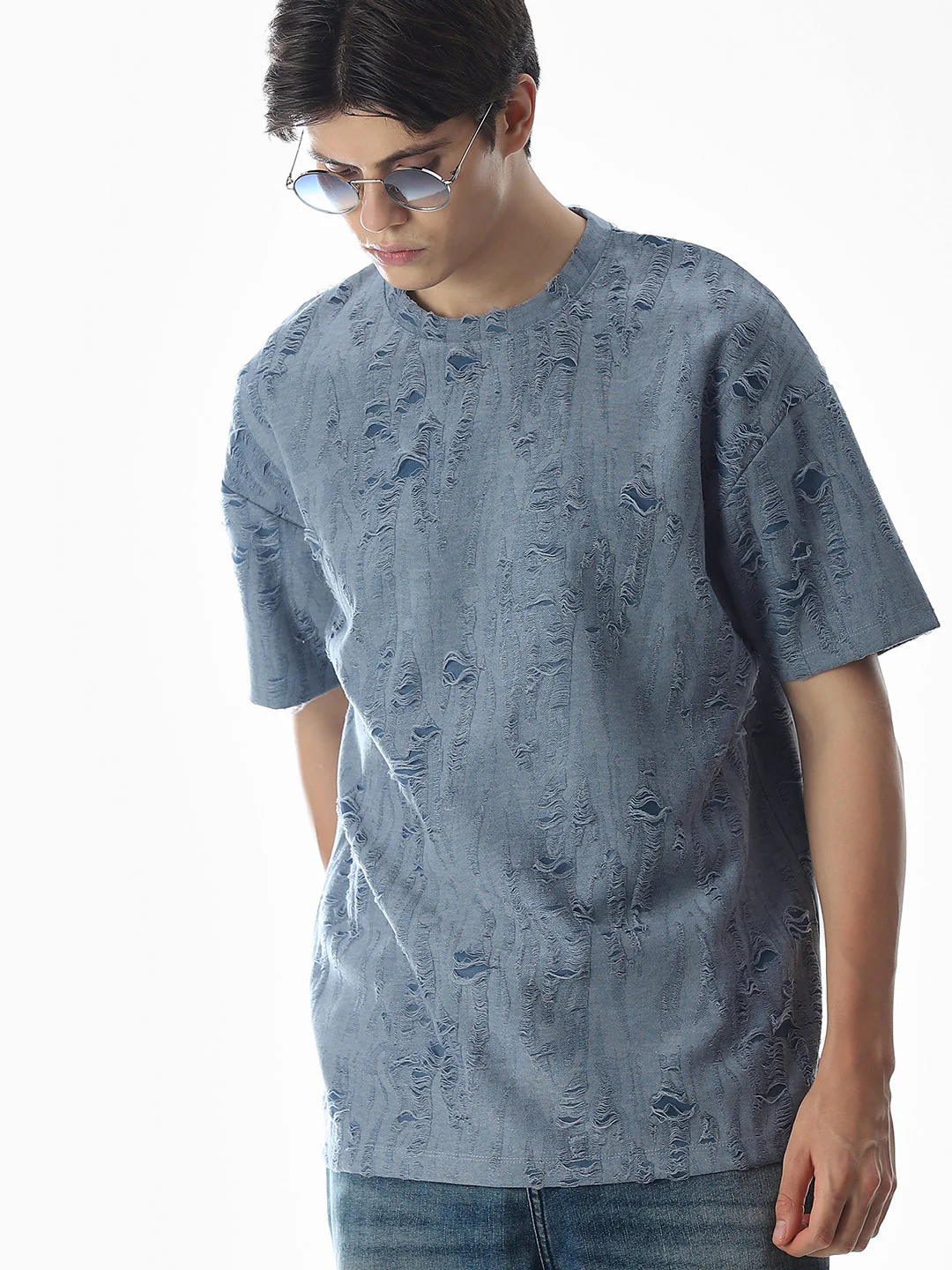 Blue Distressed Boxy Fit T-shirt
