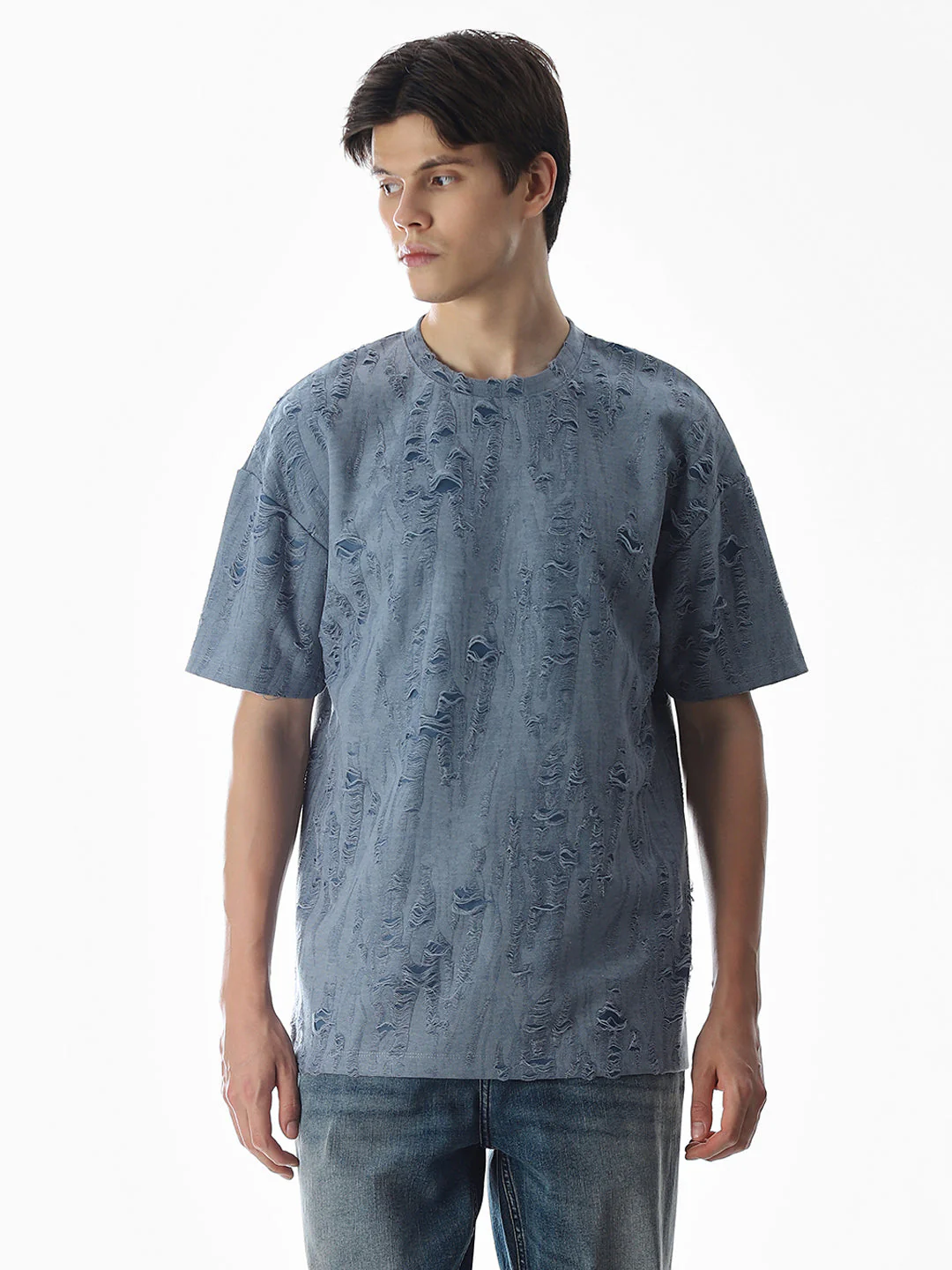 Blue Distressed Boxy Fit T-shirt - Image 2