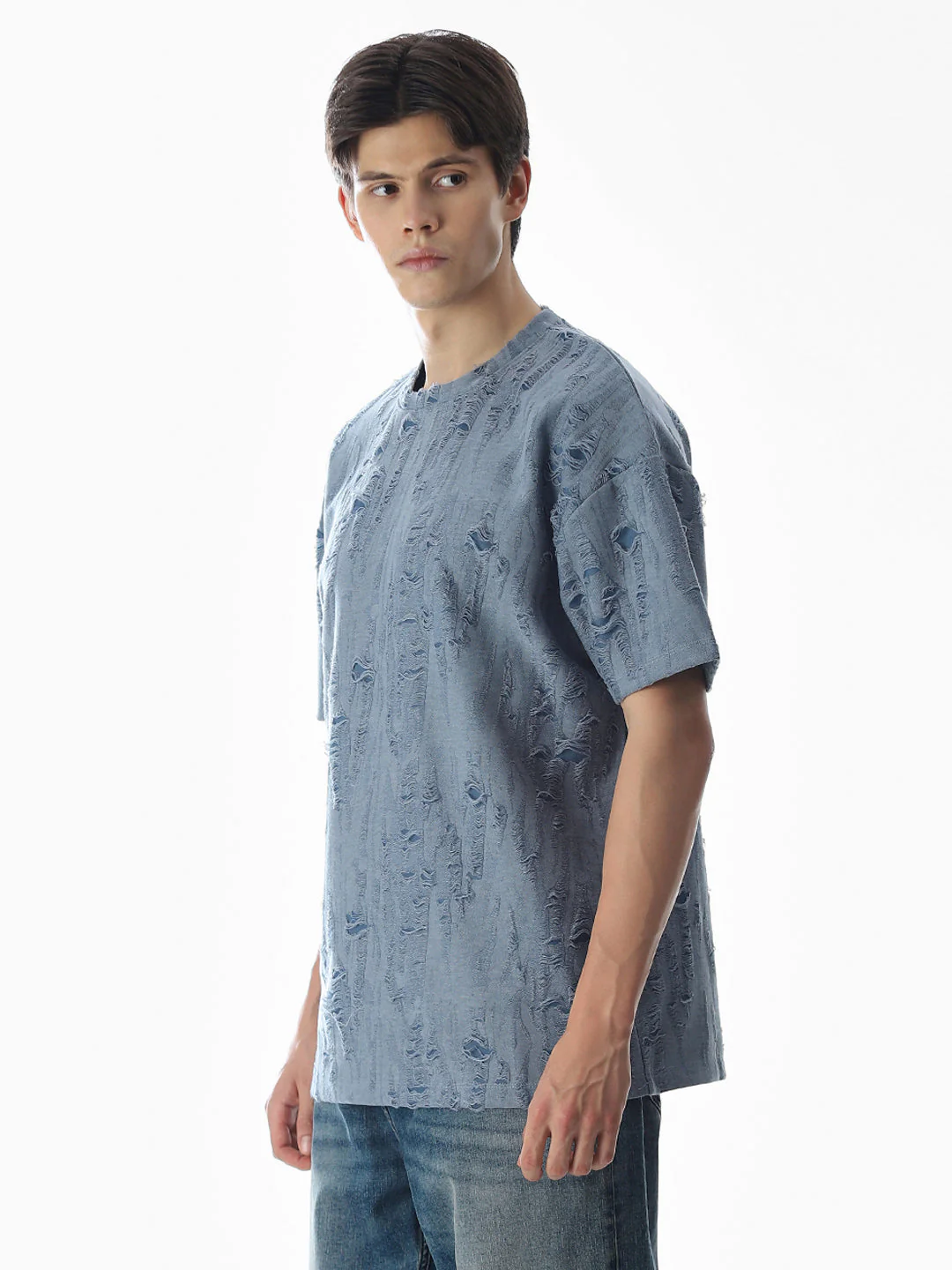 Blue Distressed Boxy Fit T-shirt - Image 3
