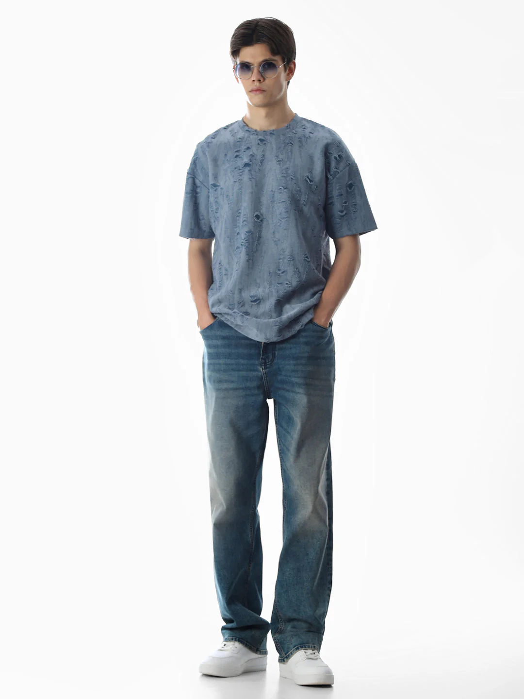 Blue Distressed Boxy Fit T-shirt - Image 6
