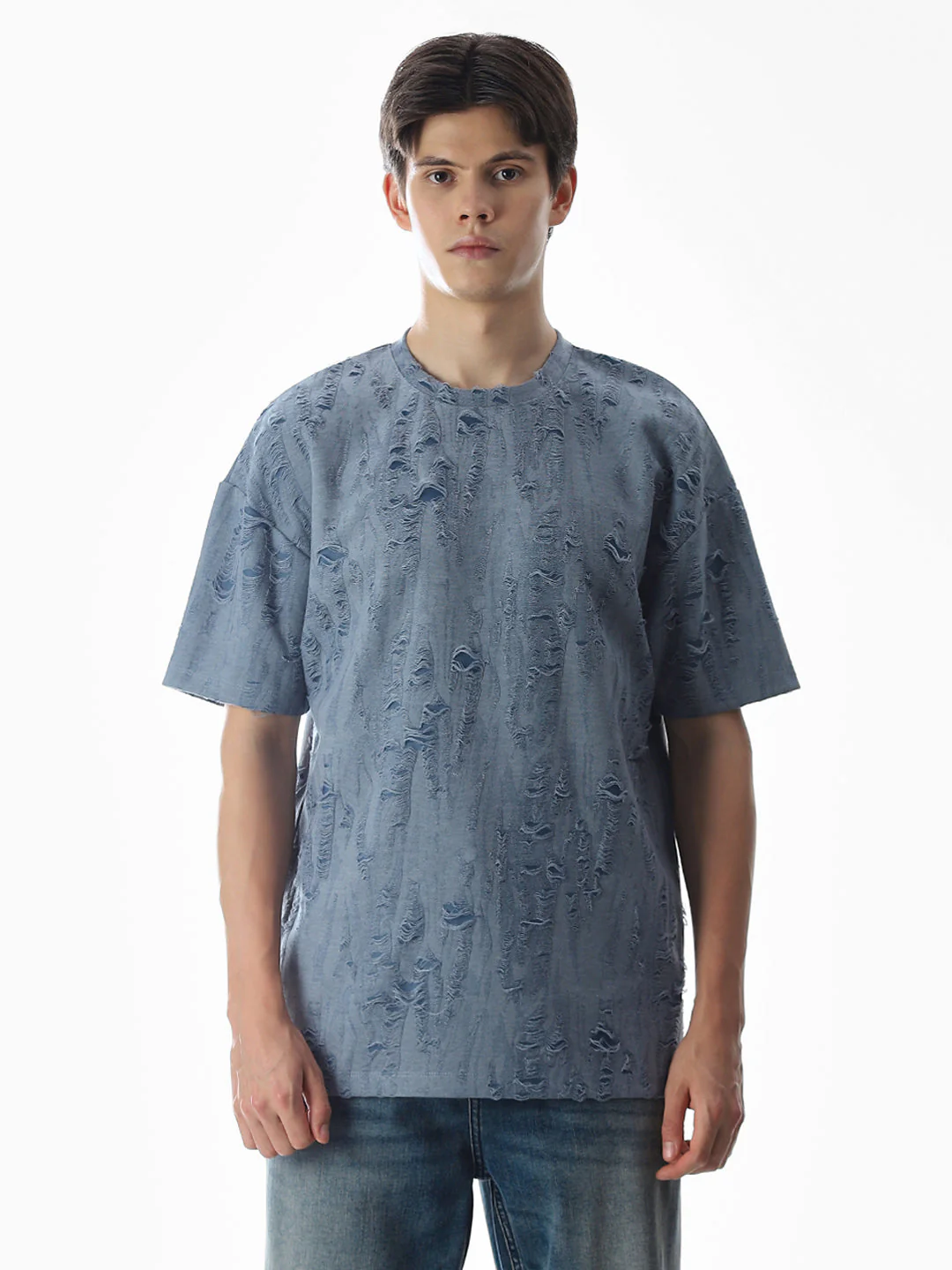 Blue Distressed Boxy Fit T-shirt - Image 8