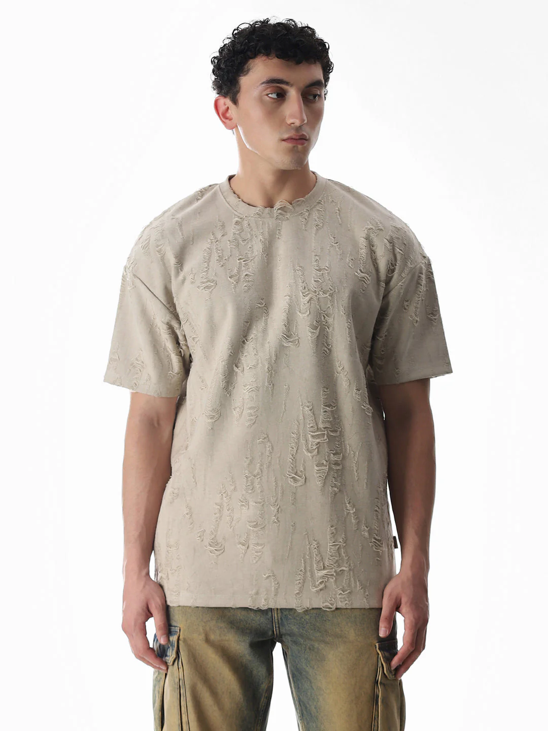 Beige Distressed Boxy Fit T-shirt - Image 2