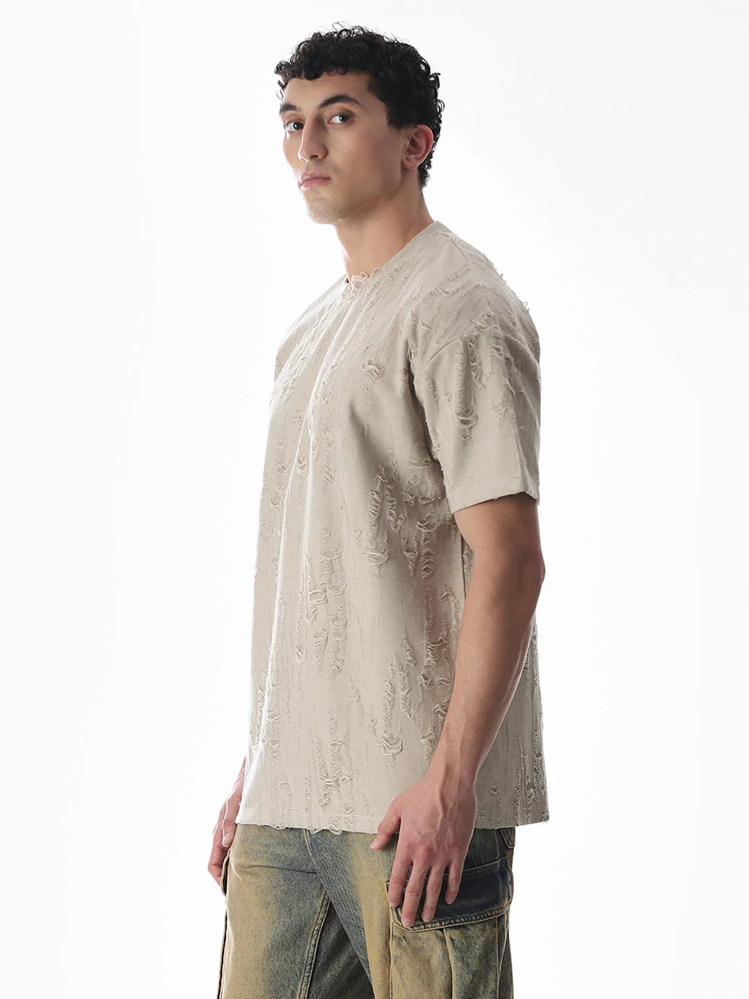 Beige Distressed Boxy Fit T-shirt - Image 3