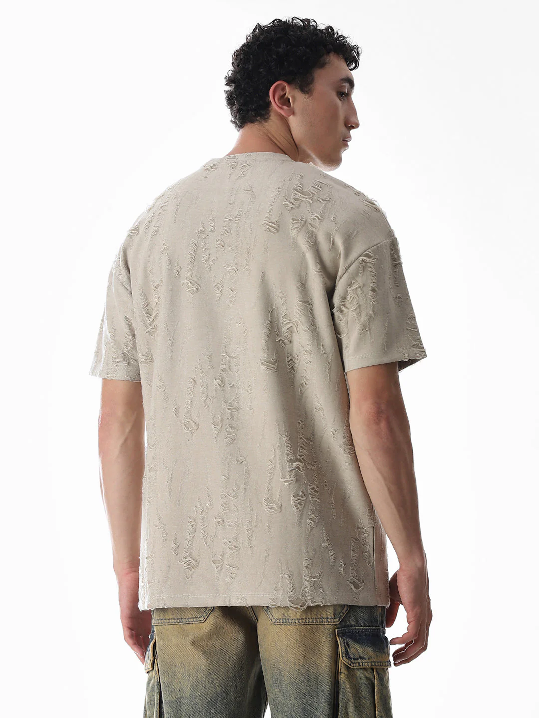 Beige Distressed Boxy Fit T-shirt - Image 4