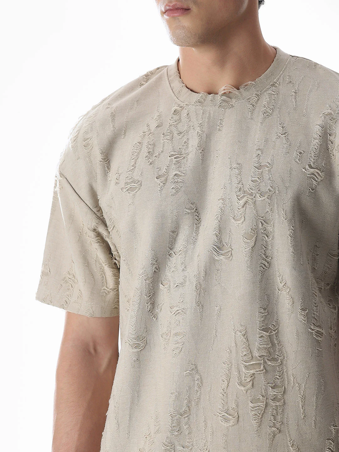 Beige Distressed Boxy Fit T-shirt - Image 5