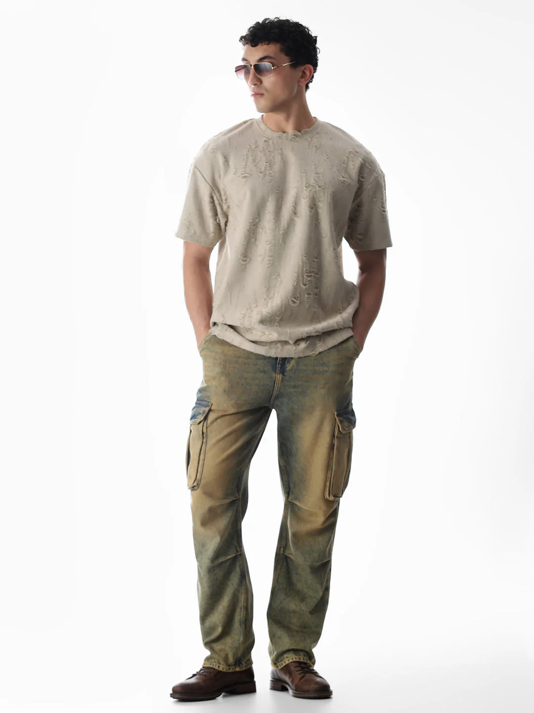 Beige Distressed Boxy Fit T-shirt - Image 6
