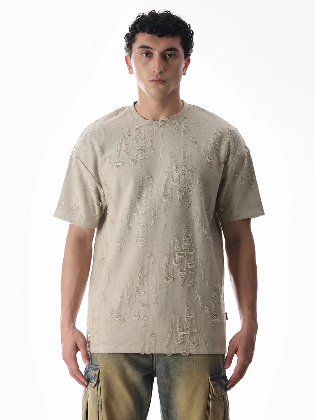 Beige Distressed Boxy Fit T-shirt - Image 8