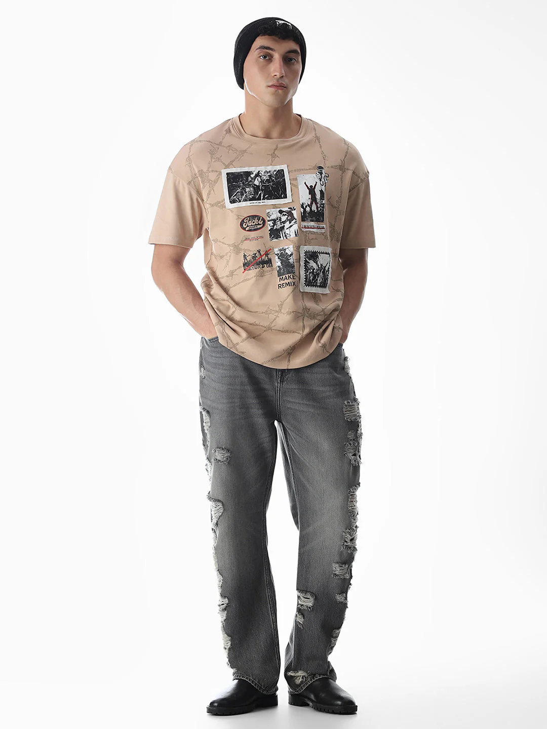 Beige Patch Print Boxy Fit T-Shirt - Image 6