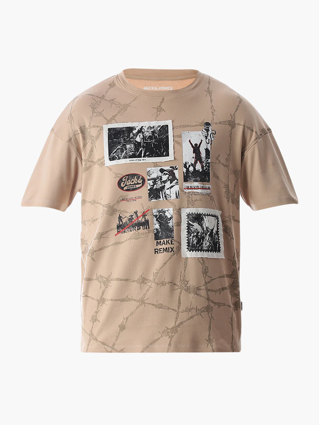 Beige Patch Print Boxy Fit T-Shirt - Image 7