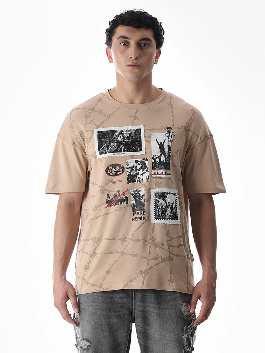 Beige Patch Print Boxy Fit T-Shirt - Image 8