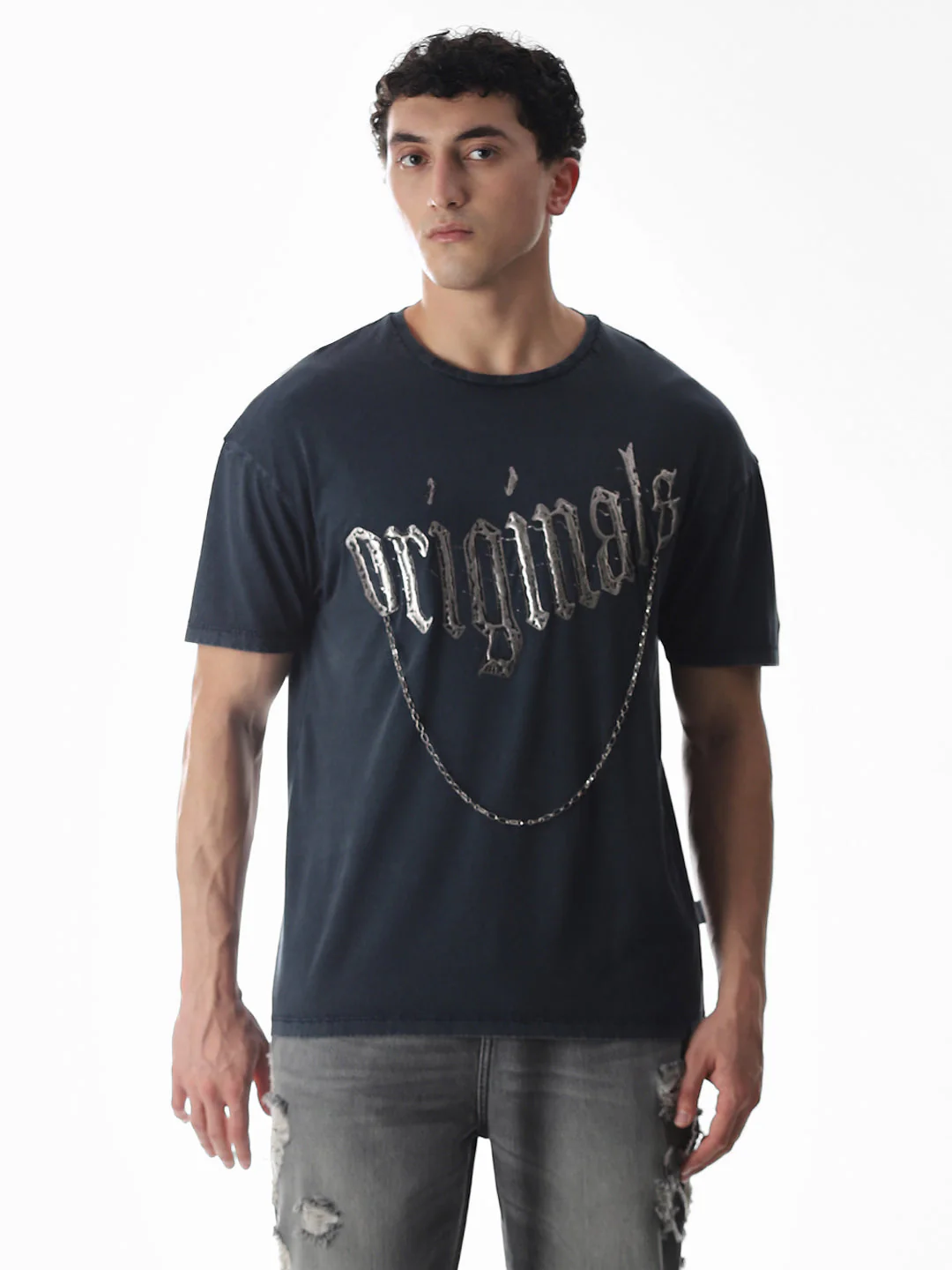 Blue Chain Detail Cotton T-shirt - Image 2