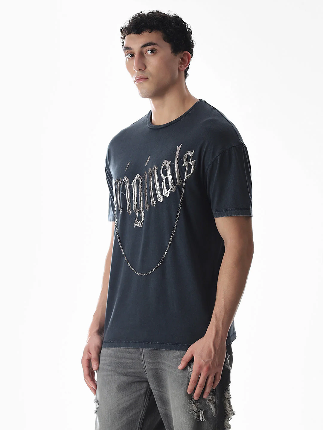 Blue Chain Detail Cotton T-shirt - Image 3