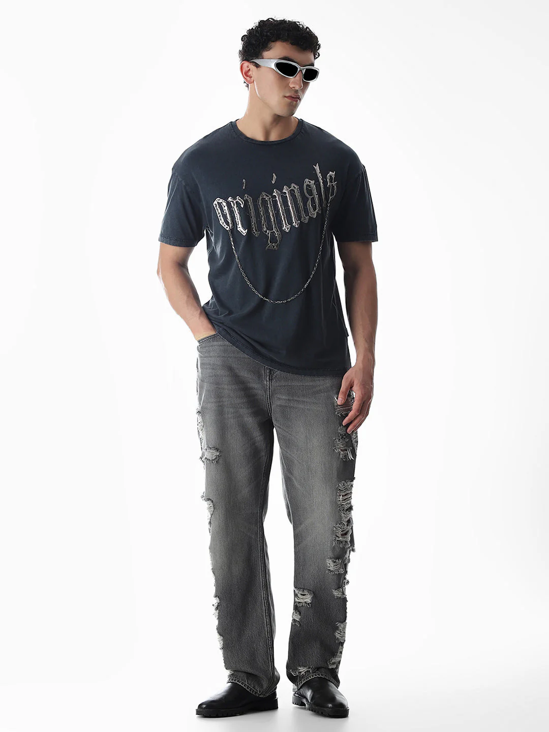 Blue Chain Detail Cotton T-shirt - Image 6