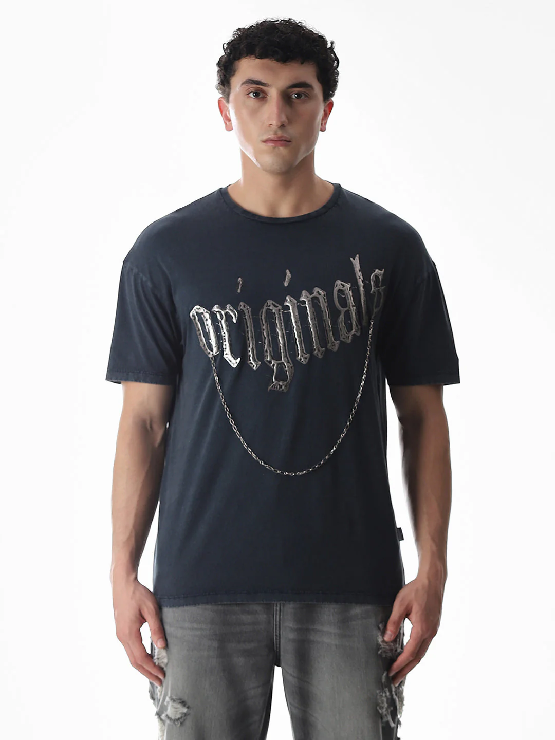 Blue Chain Detail Cotton T-shirt - Image 8