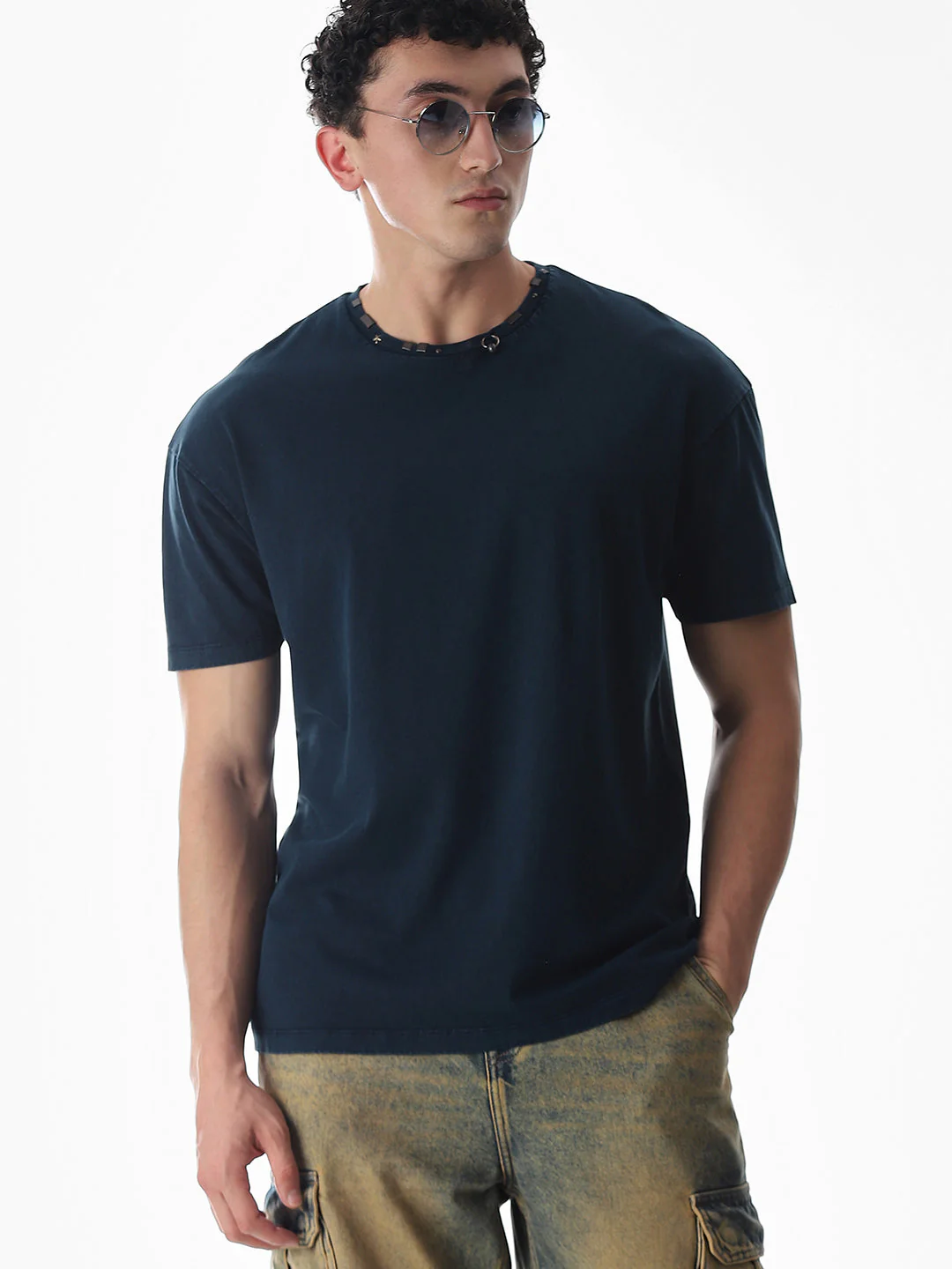Blue Embellished Collar T-shirt