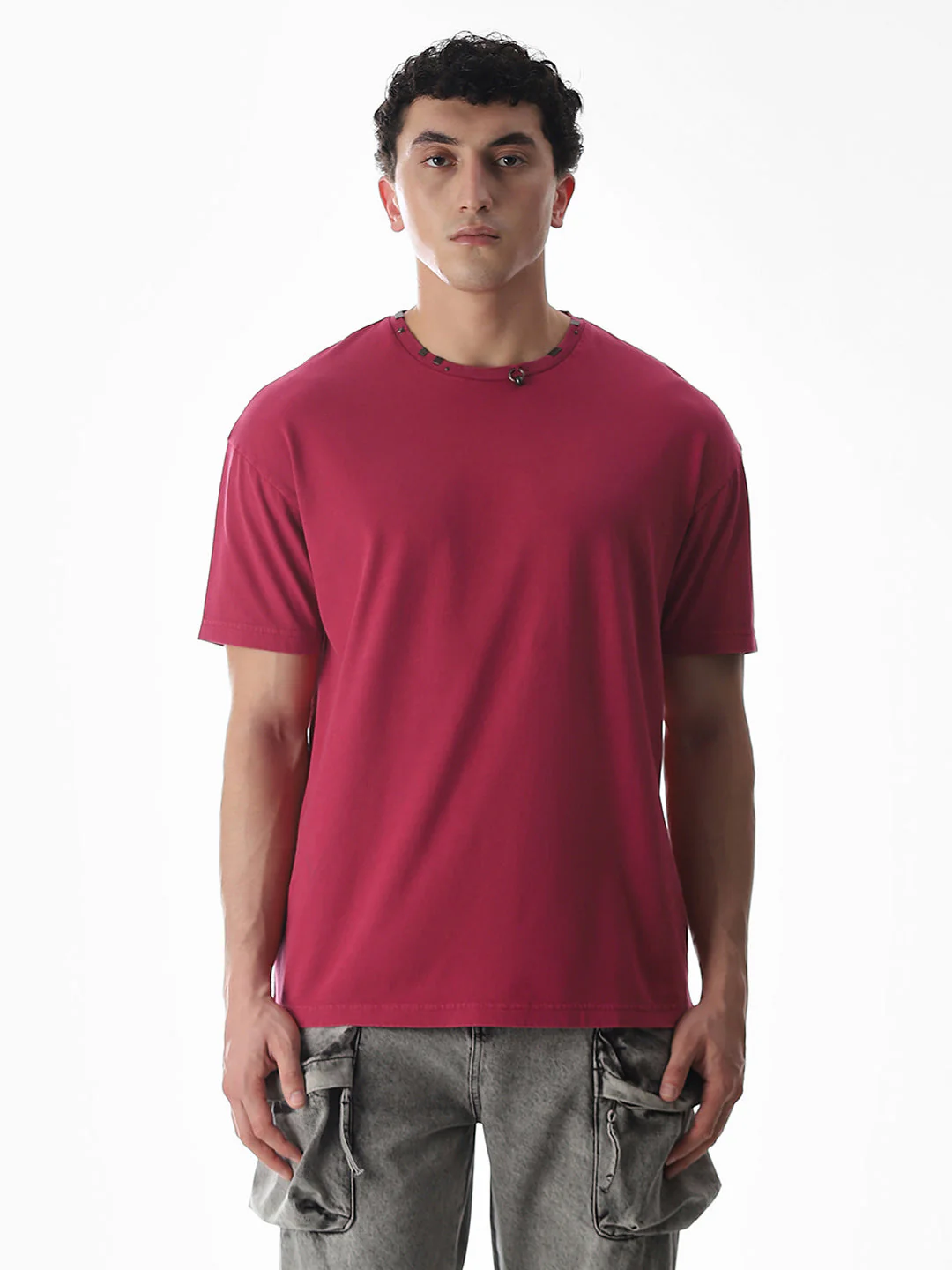 Dark Red Embellished Collar T-shirt - Image 8
