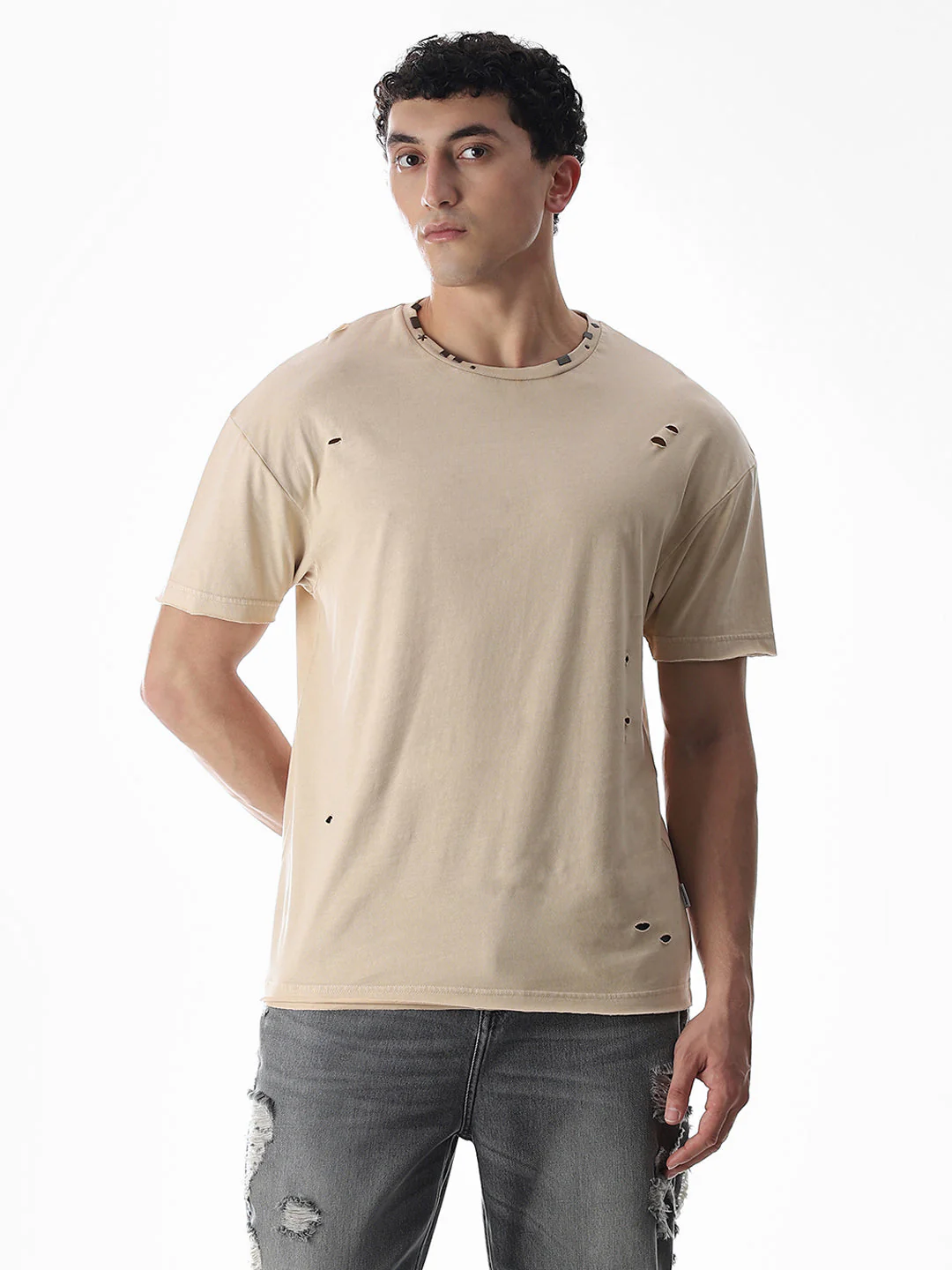Beige Torn Detail Boxy Fit T-shirt - Image 2