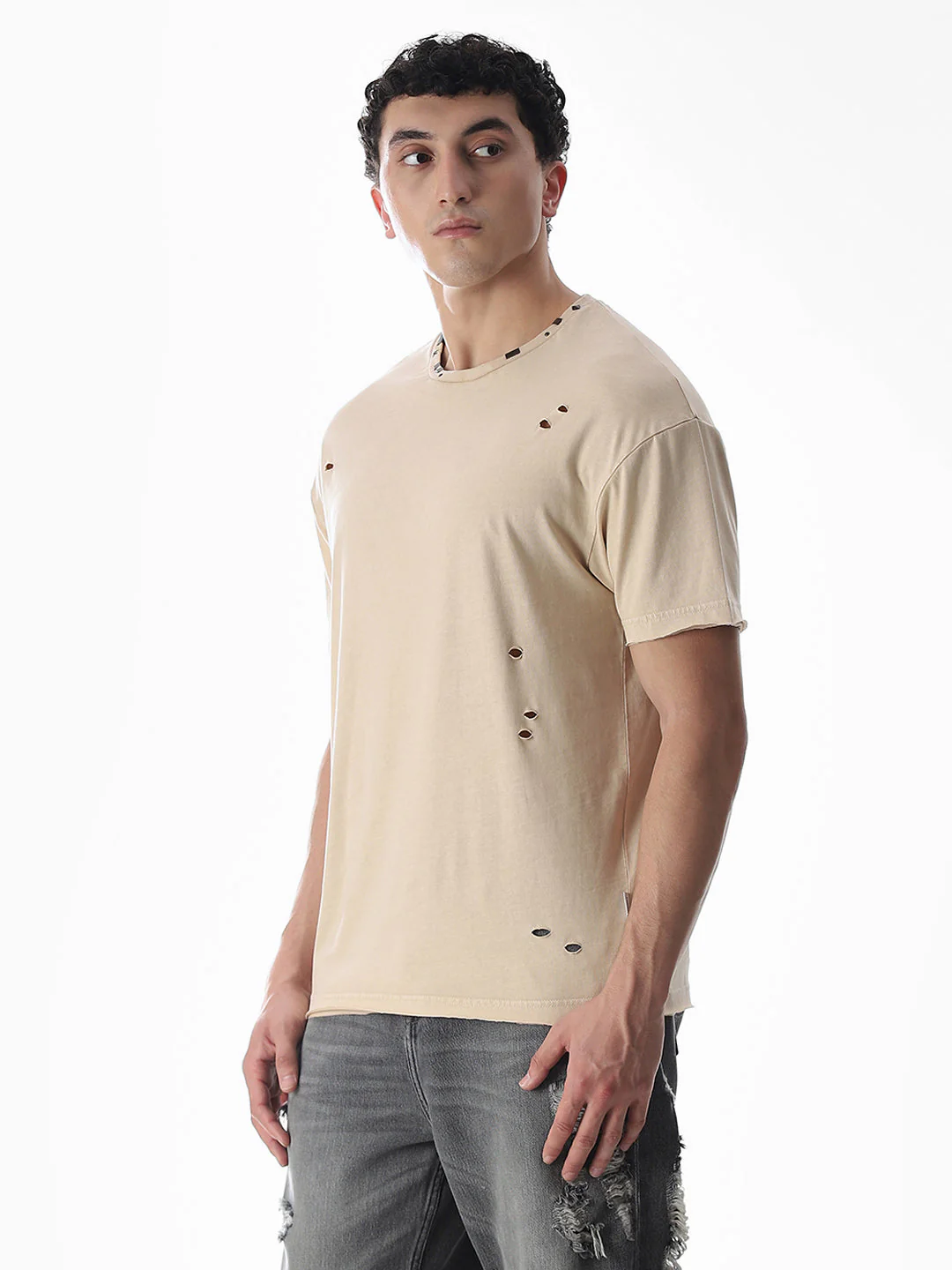 Beige Torn Detail Boxy Fit T-shirt - Image 3