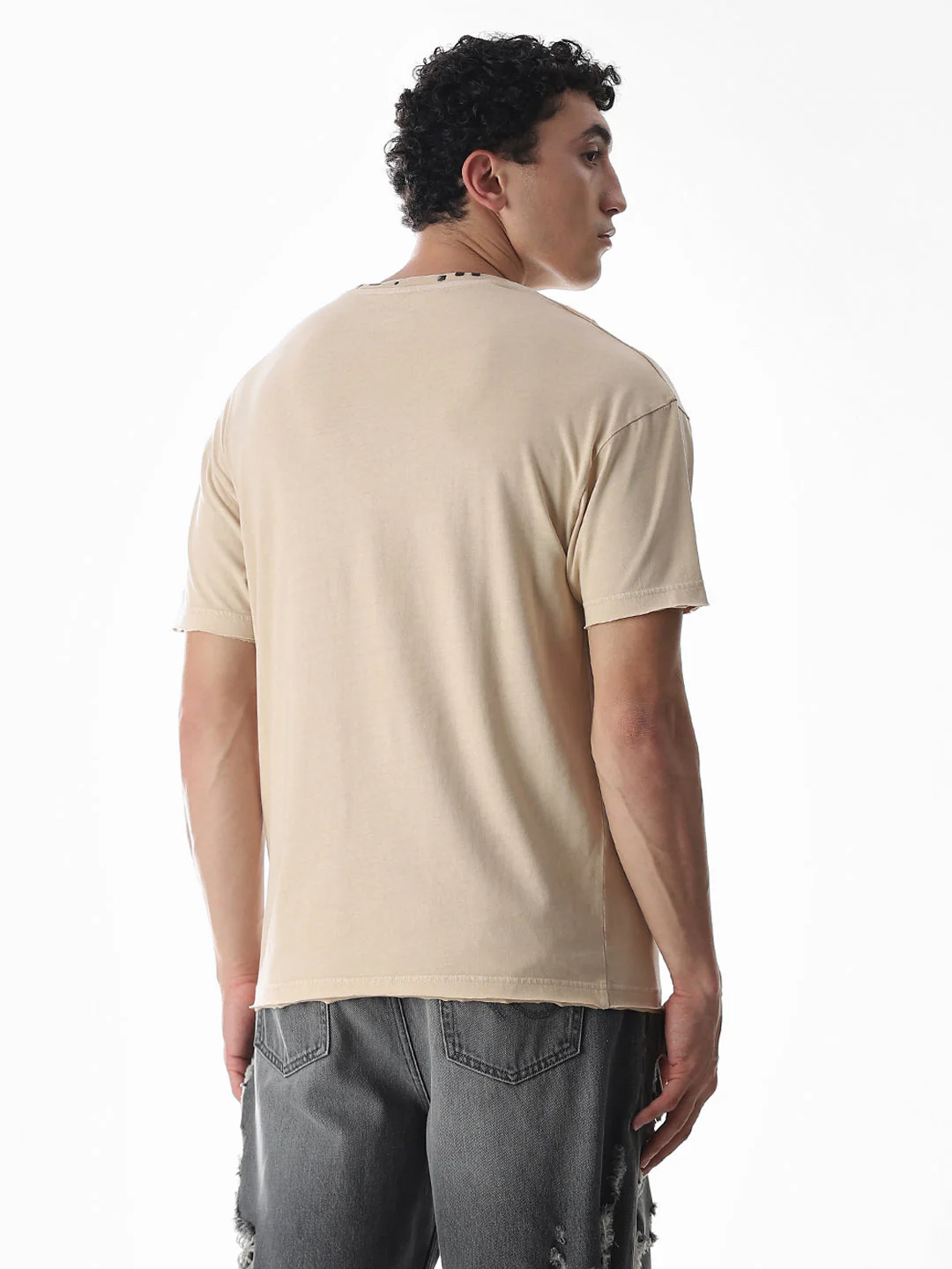 Beige Torn Detail Boxy Fit T-shirt - Image 4