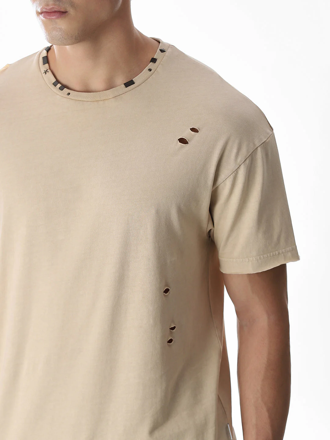 Beige Torn Detail Boxy Fit T-shirt - Image 5