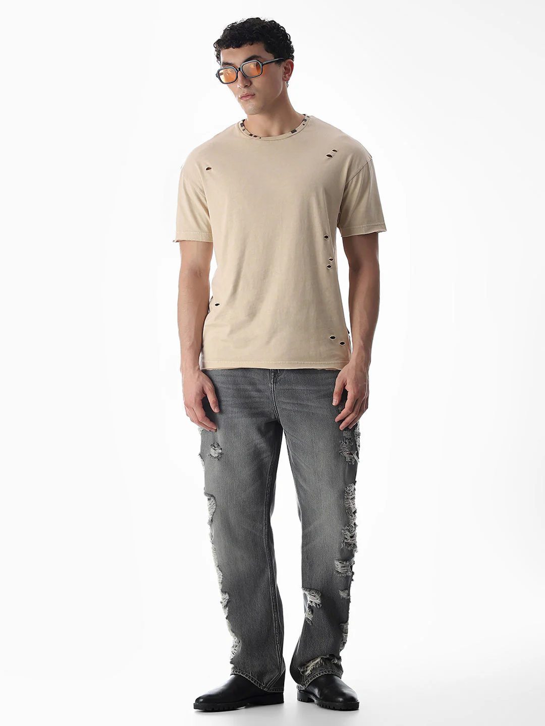 Beige Torn Detail Boxy Fit T-shirt - Image 6
