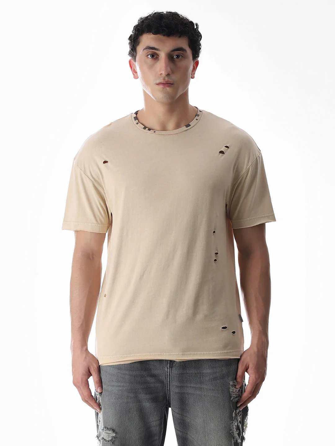 Beige Torn Detail Boxy Fit T-shirt - Image 8