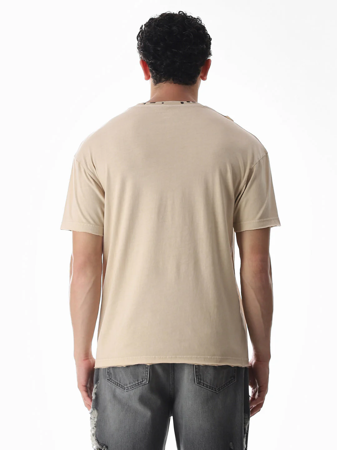 Beige Torn Detail Boxy Fit T-shirt - Image 9