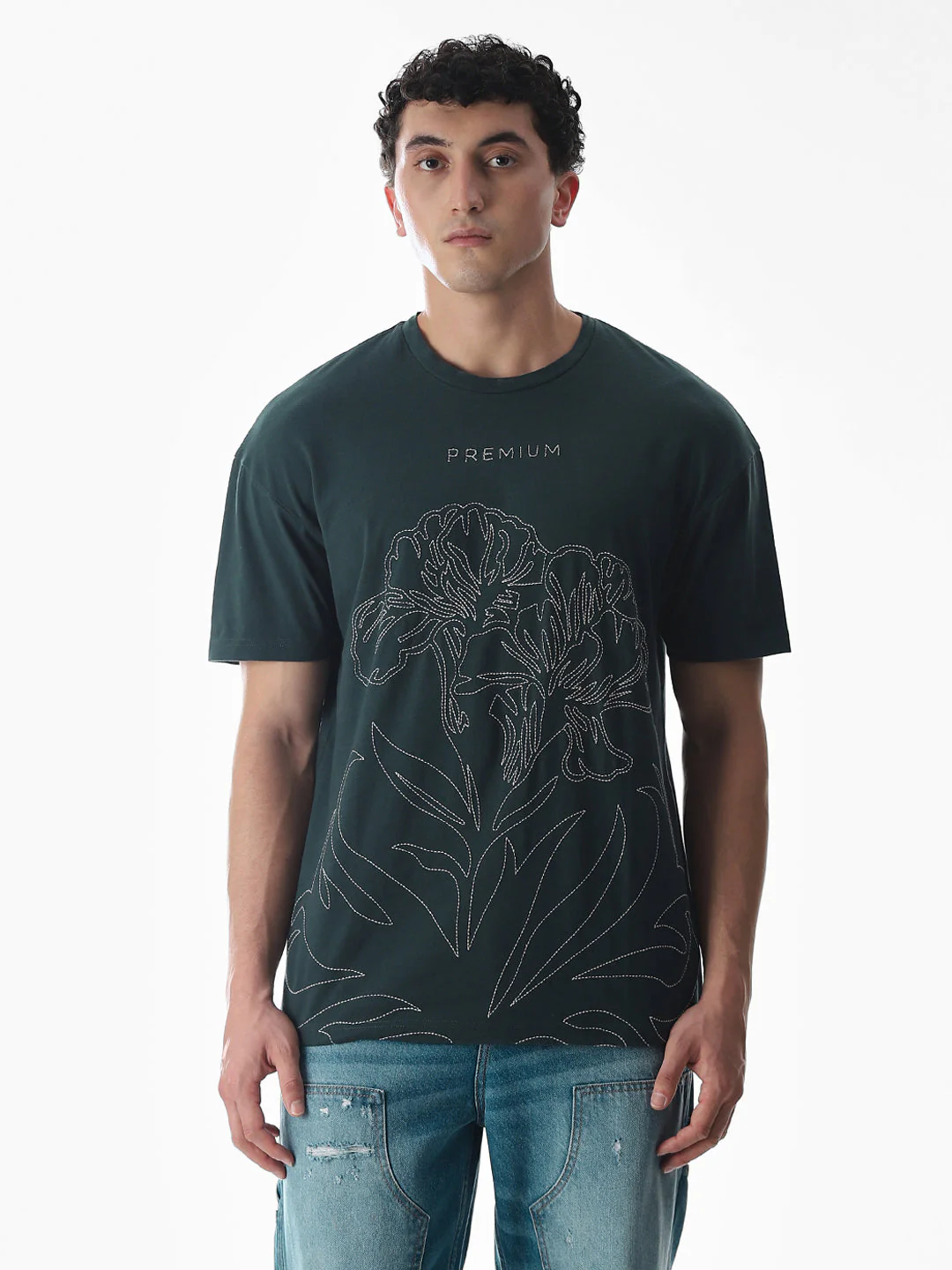 Green Embroidered Print Cotton T-shirt - Image 2