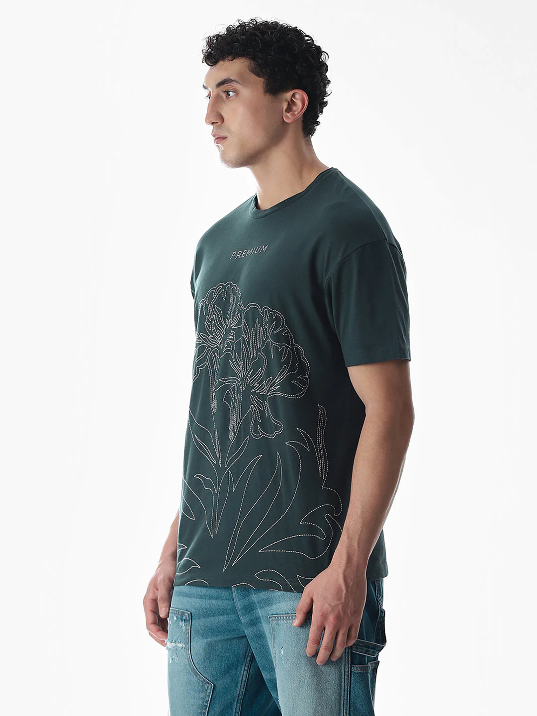 Green Embroidered Print Cotton T-shirt - Image 3