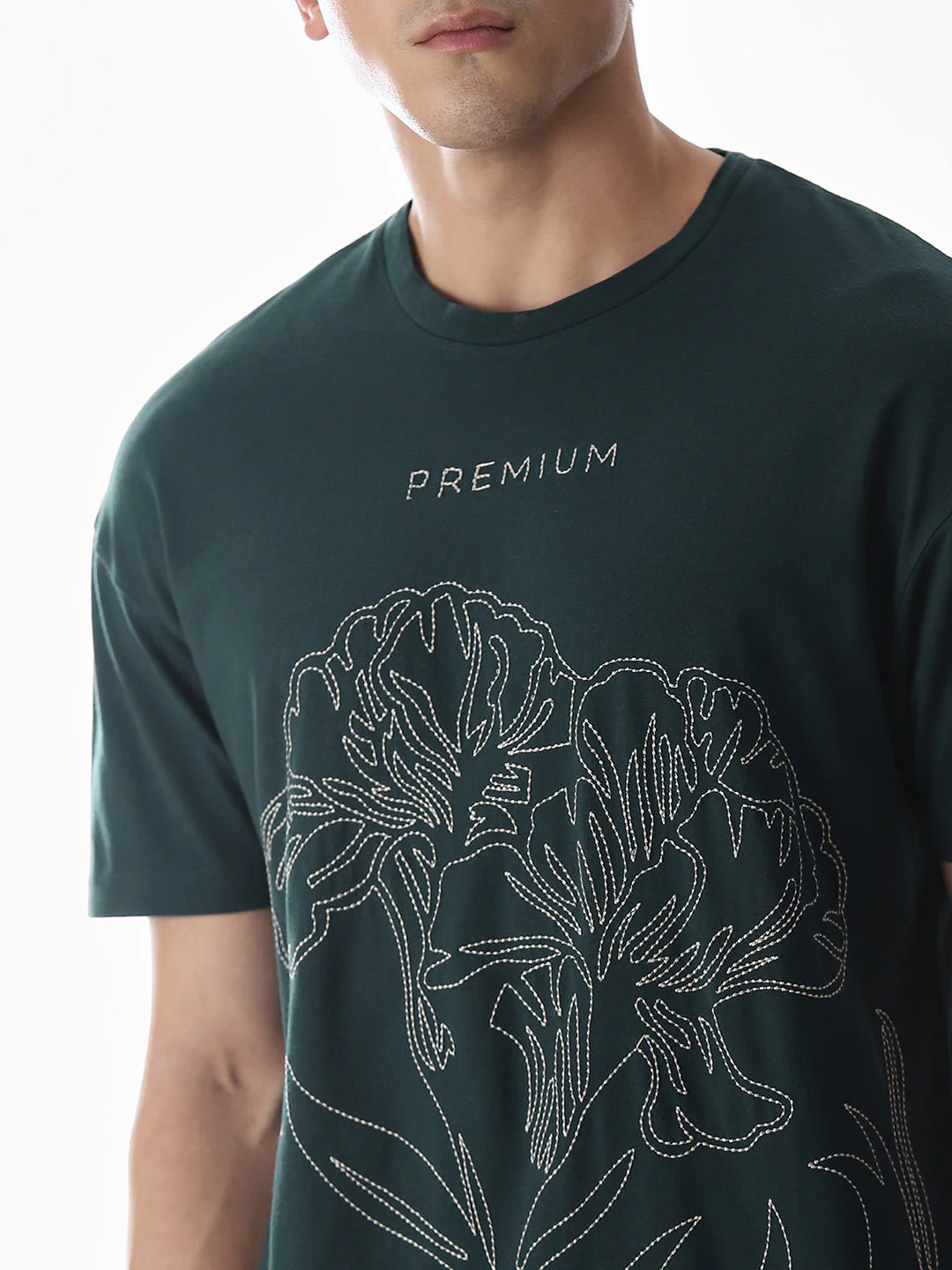 Green Embroidered Print Cotton T-shirt - Image 5