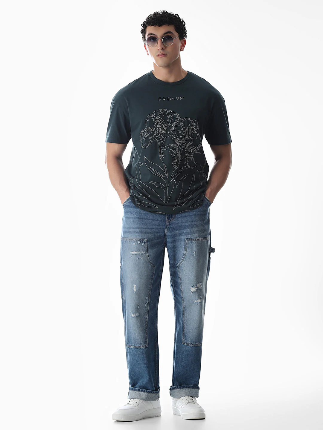 Green Embroidered Print Cotton T-shirt - Image 6