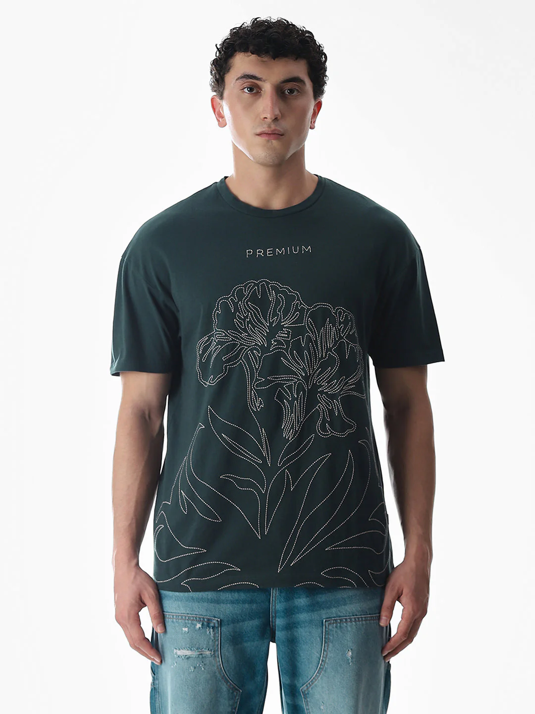 Green Embroidered Print Cotton T-shirt - Image 8