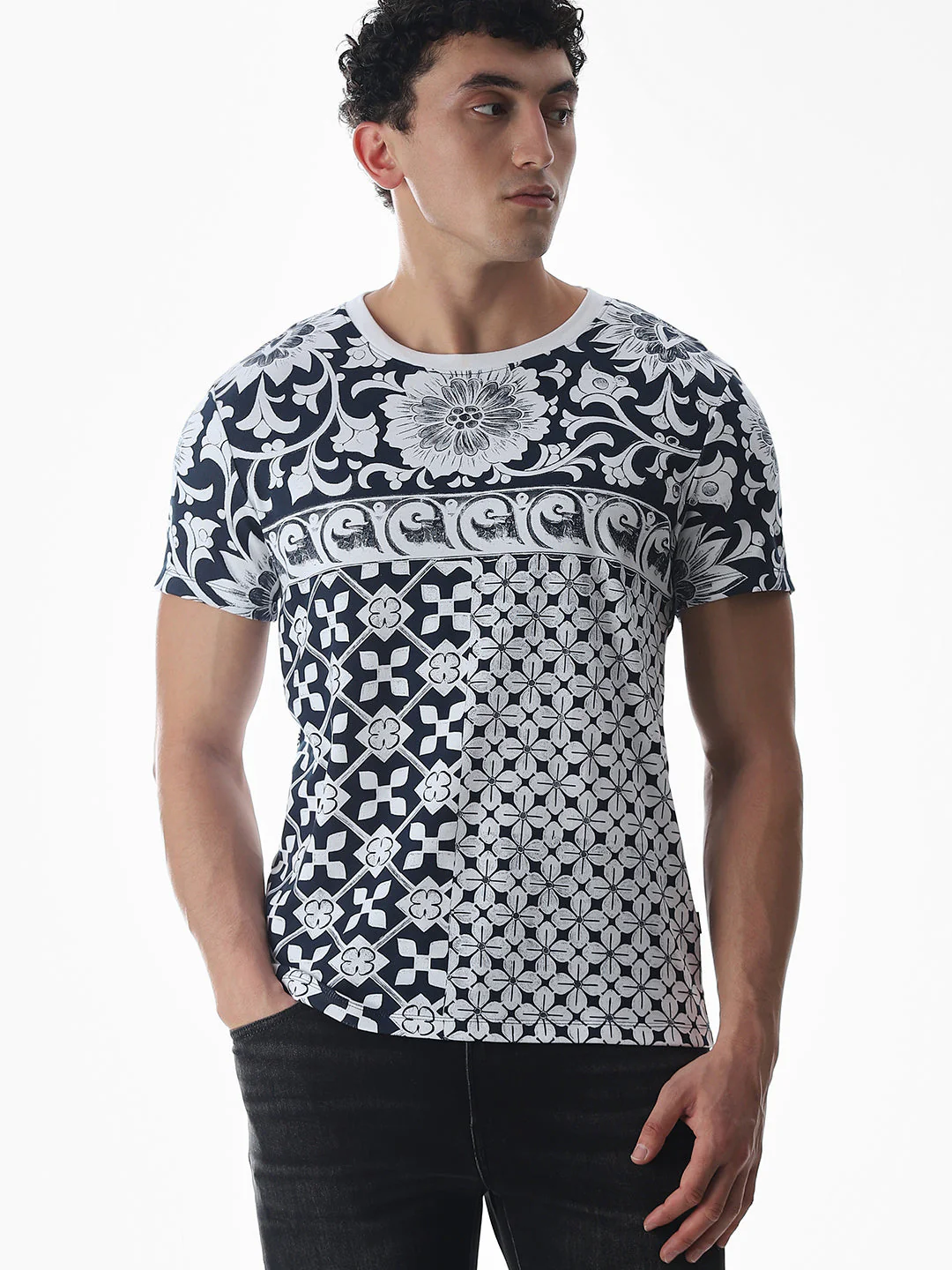 Navy Blue Printed Cotton T-shirt