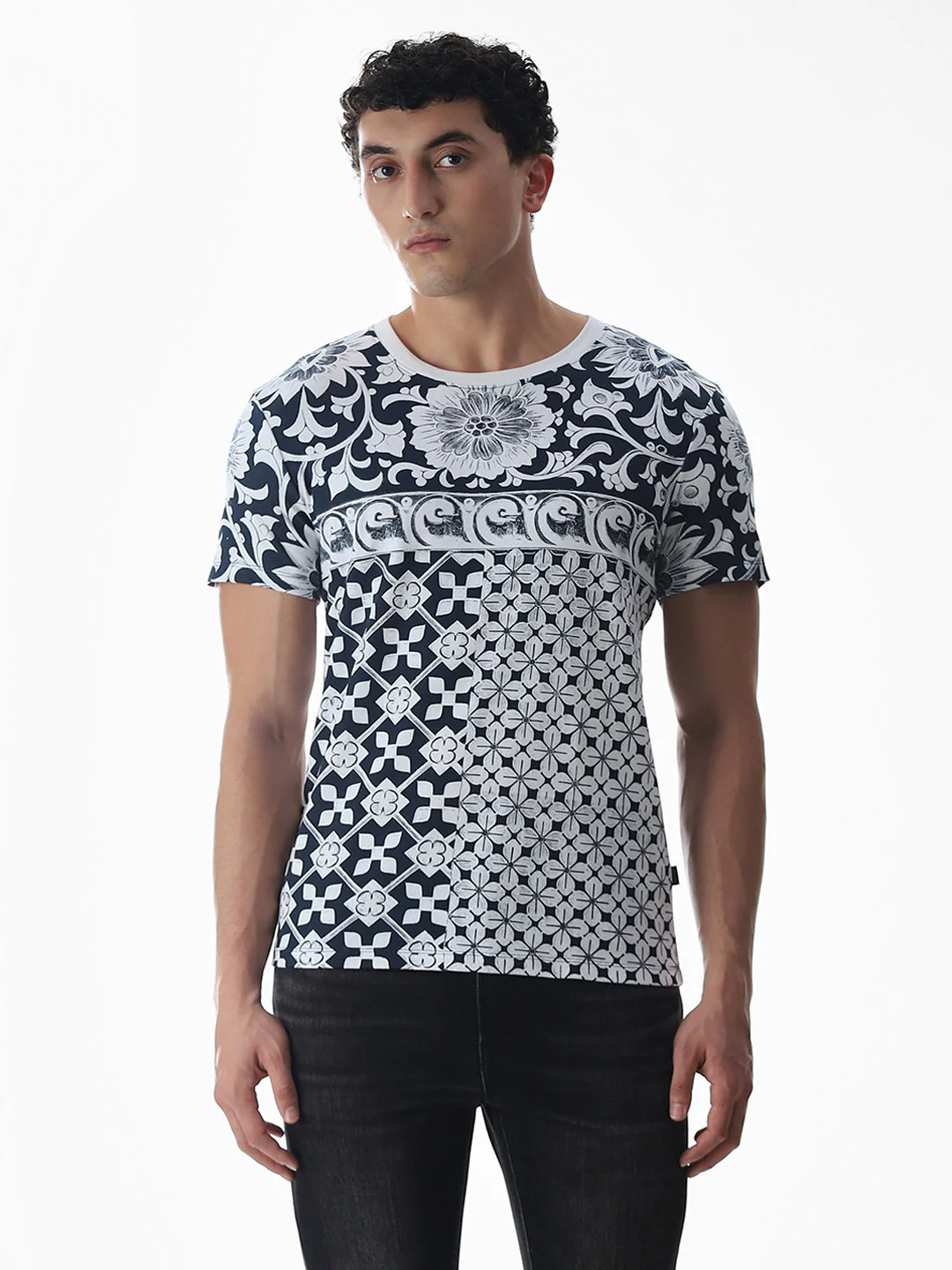 Navy Blue Printed Cotton T-shirt - Image 2
