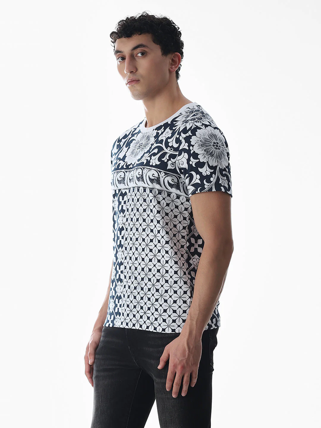 Navy Blue Printed Cotton T-shirt - Image 3