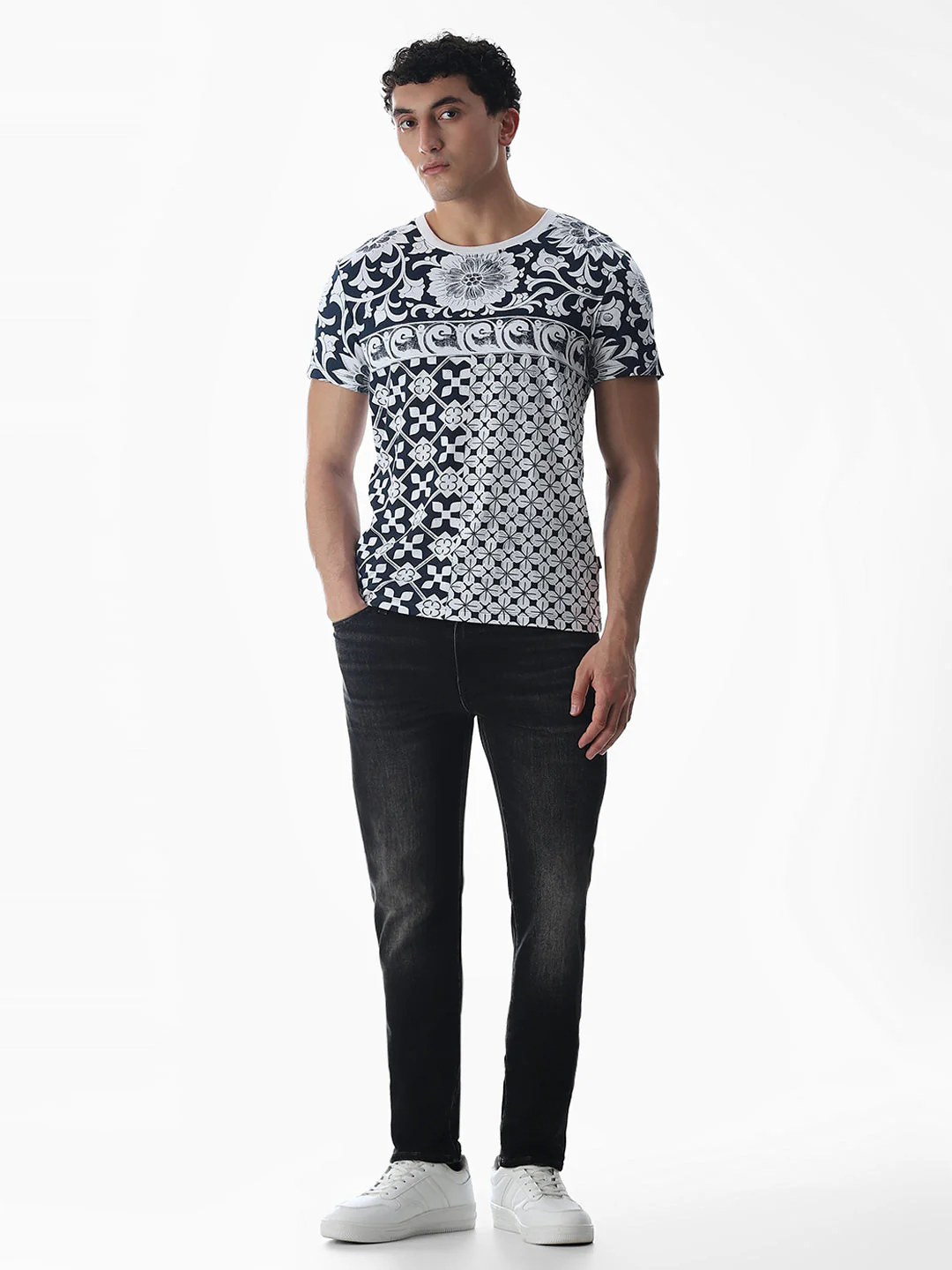 Navy Blue Printed Cotton T-shirt - Image 6