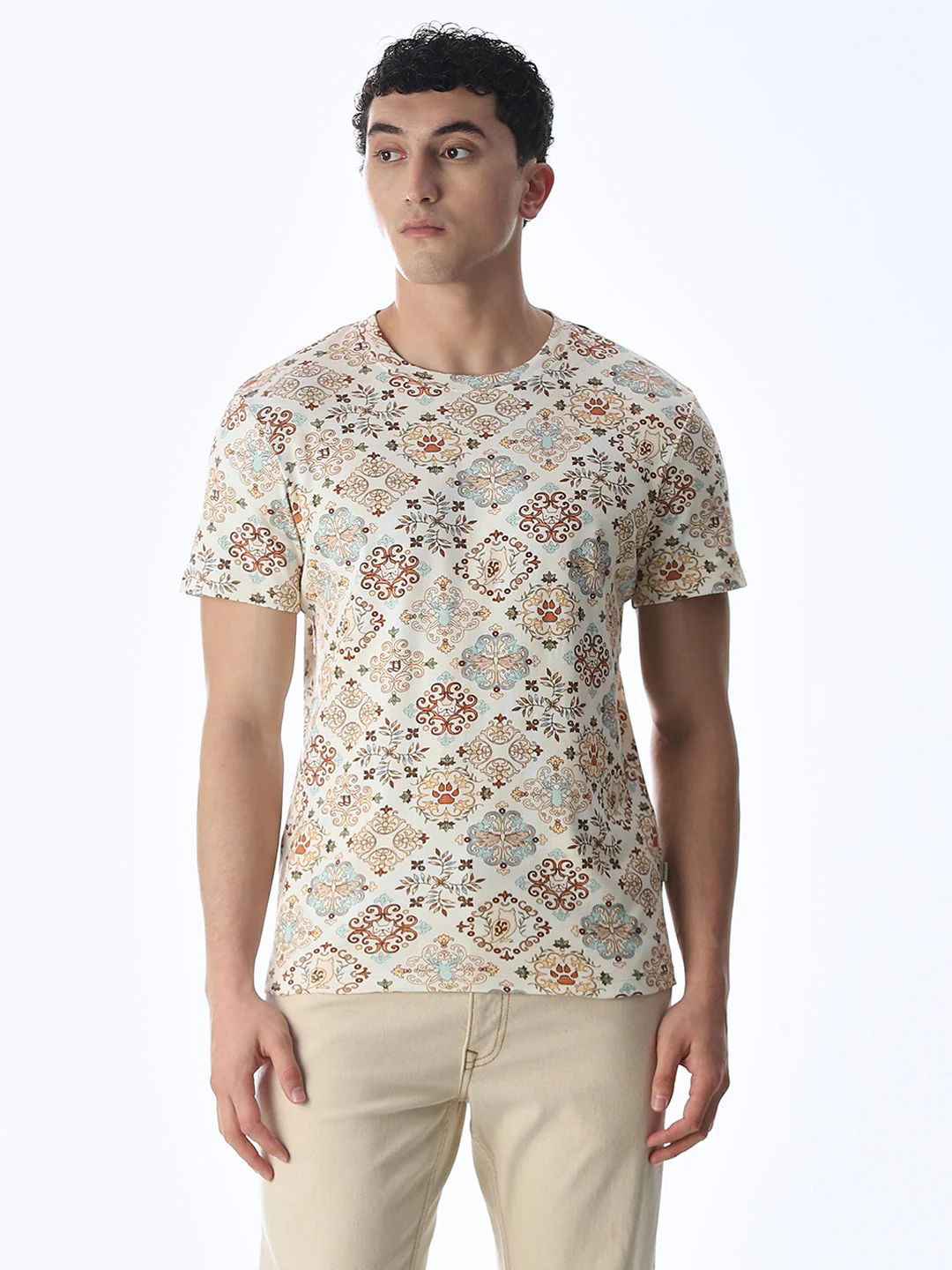 Printed Beige Cotton T-shirt - Image 2
