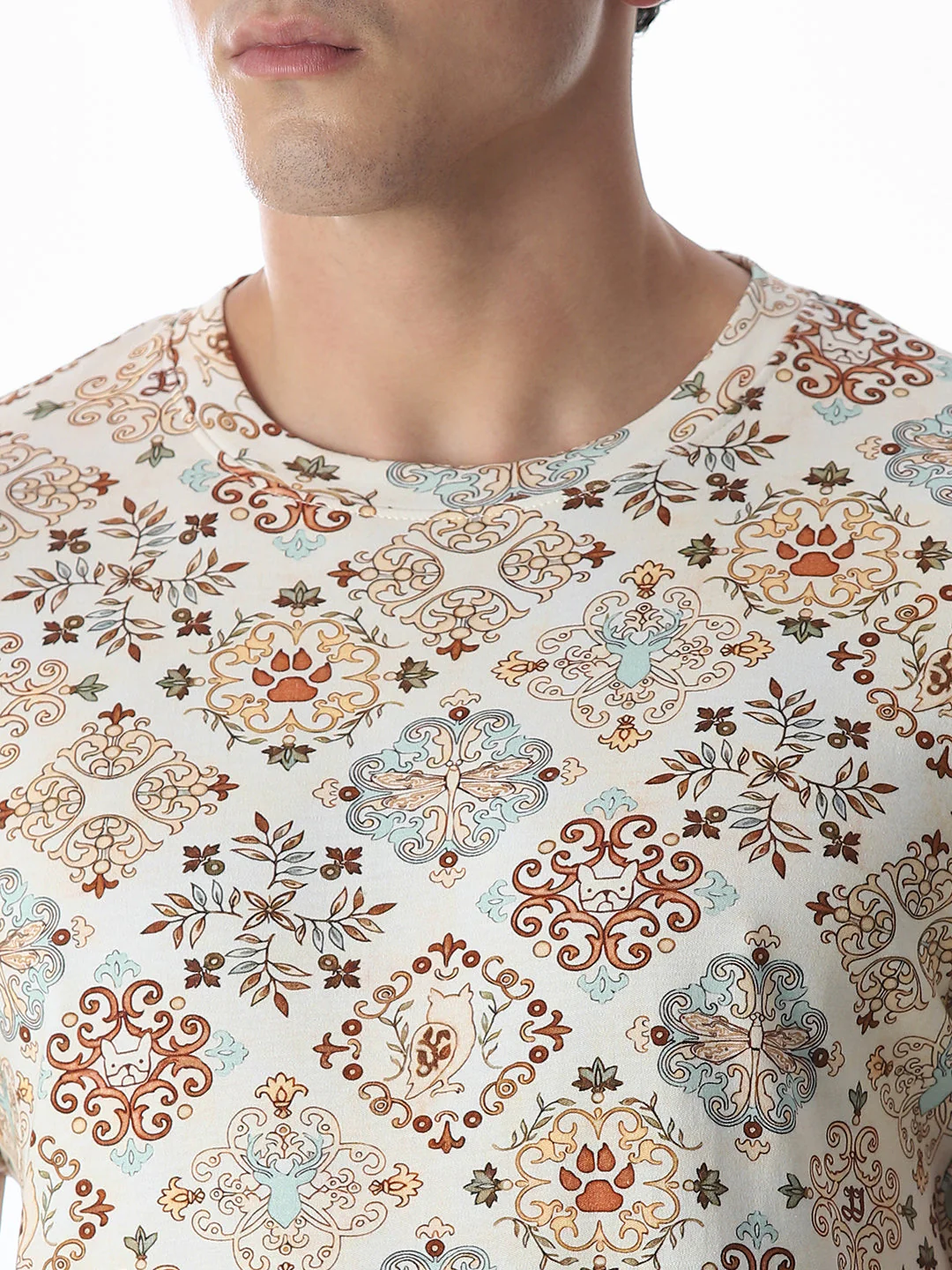 Printed Beige Cotton T-shirt - Image 5