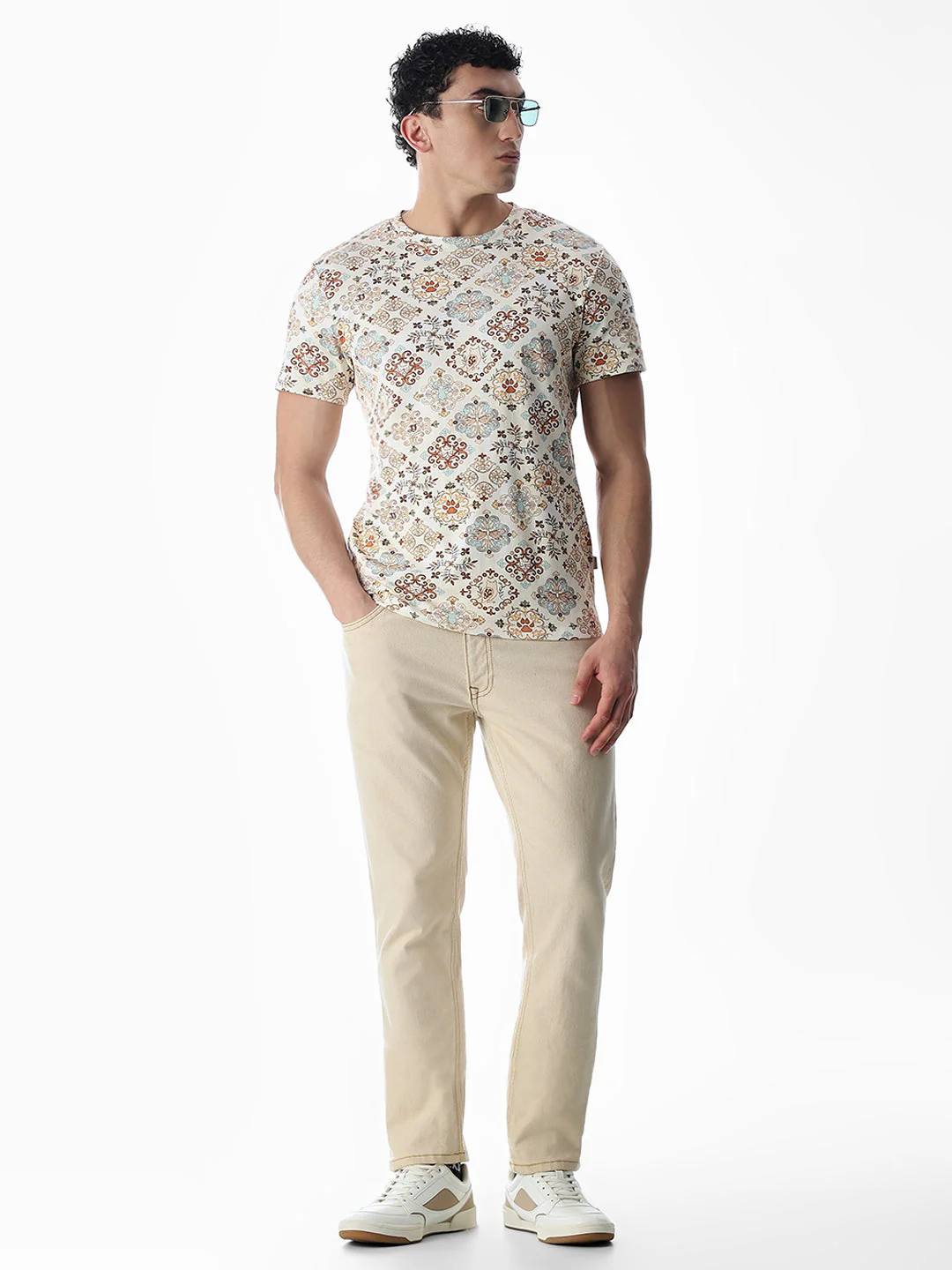 Printed Beige Cotton T-shirt - Image 6
