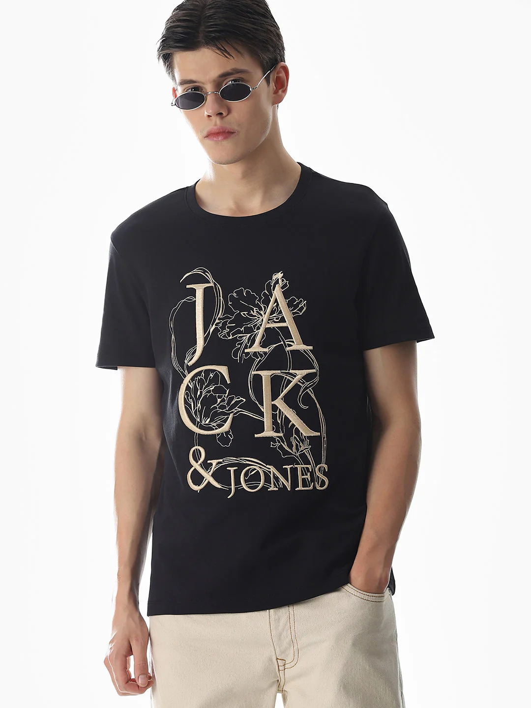Black Embroidered Print Cotton T-shirt