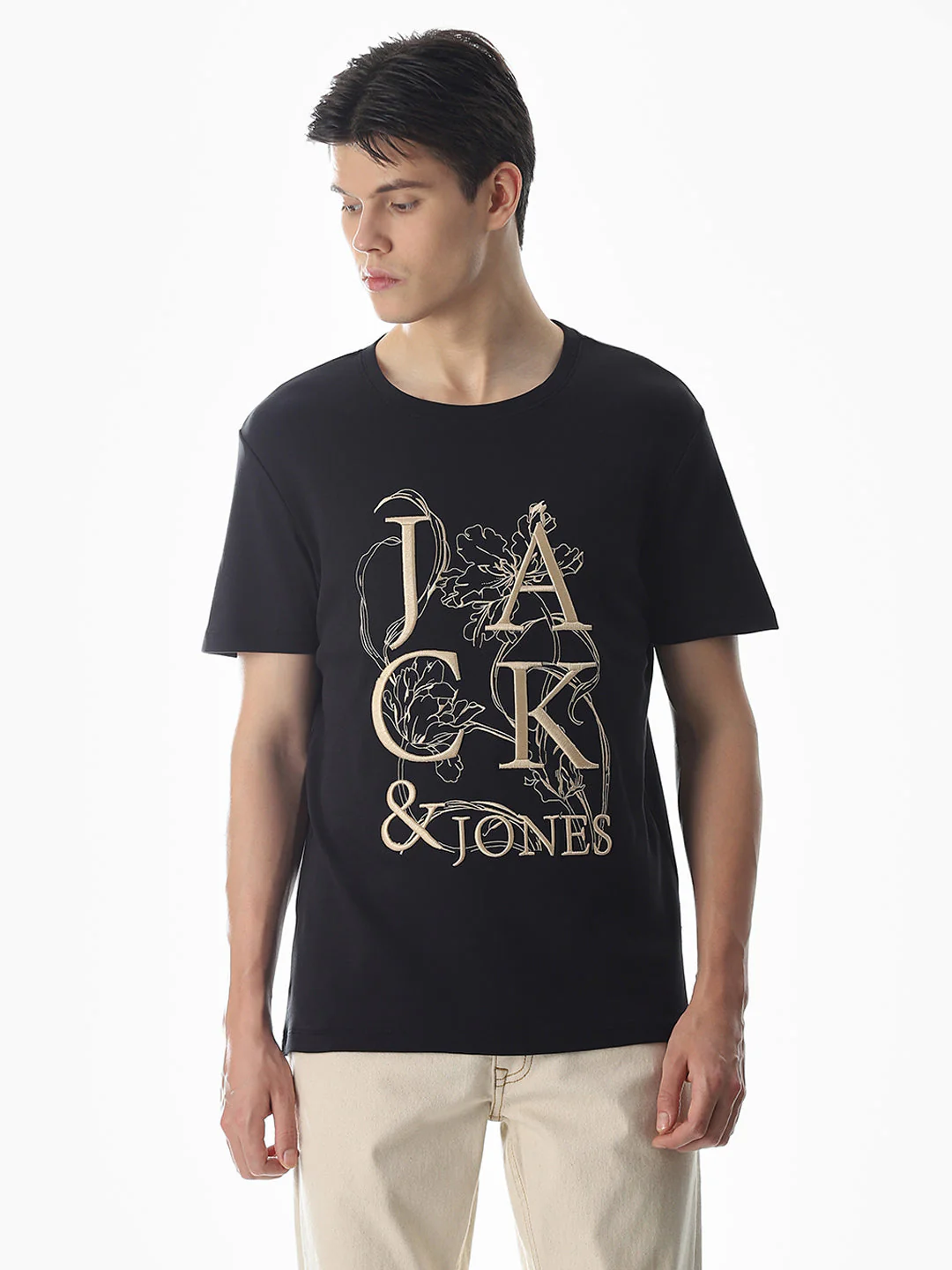Black Embroidered Print Cotton T-shirt - Image 2