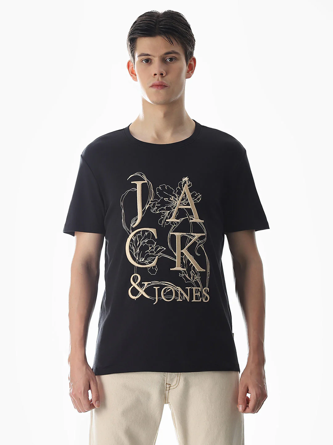 Black Embroidered Print Cotton T-shirt - Image 8