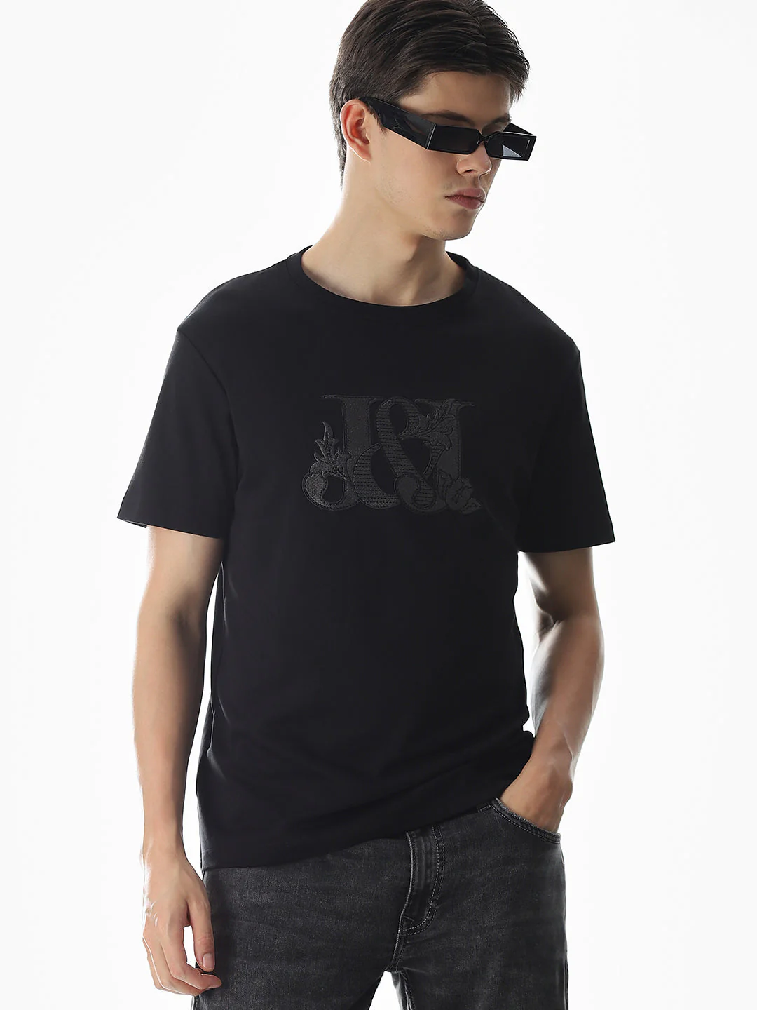 Black Applique Print Cotton T-shirt