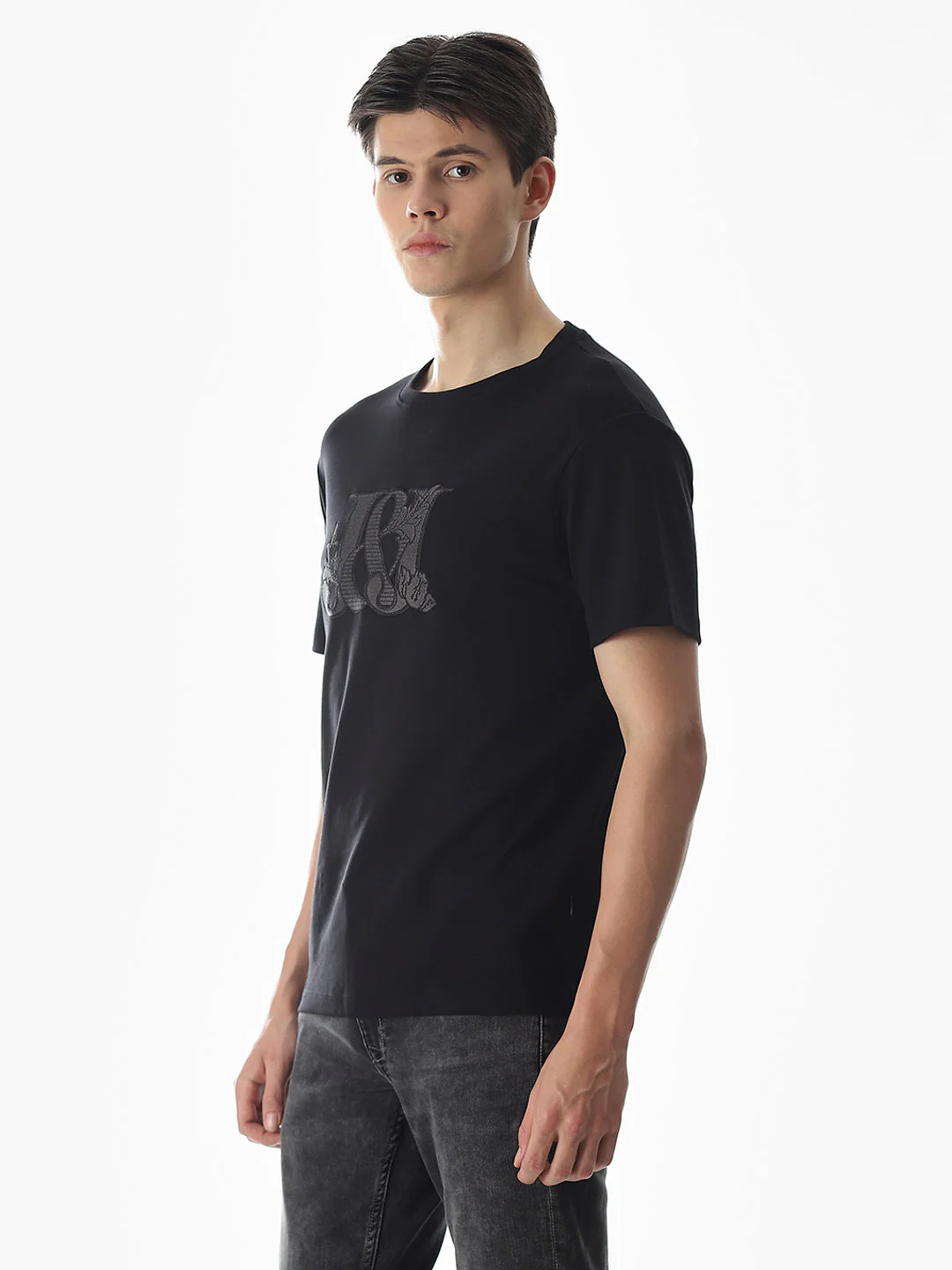 Black Applique Print Cotton T-shirt - Image 3