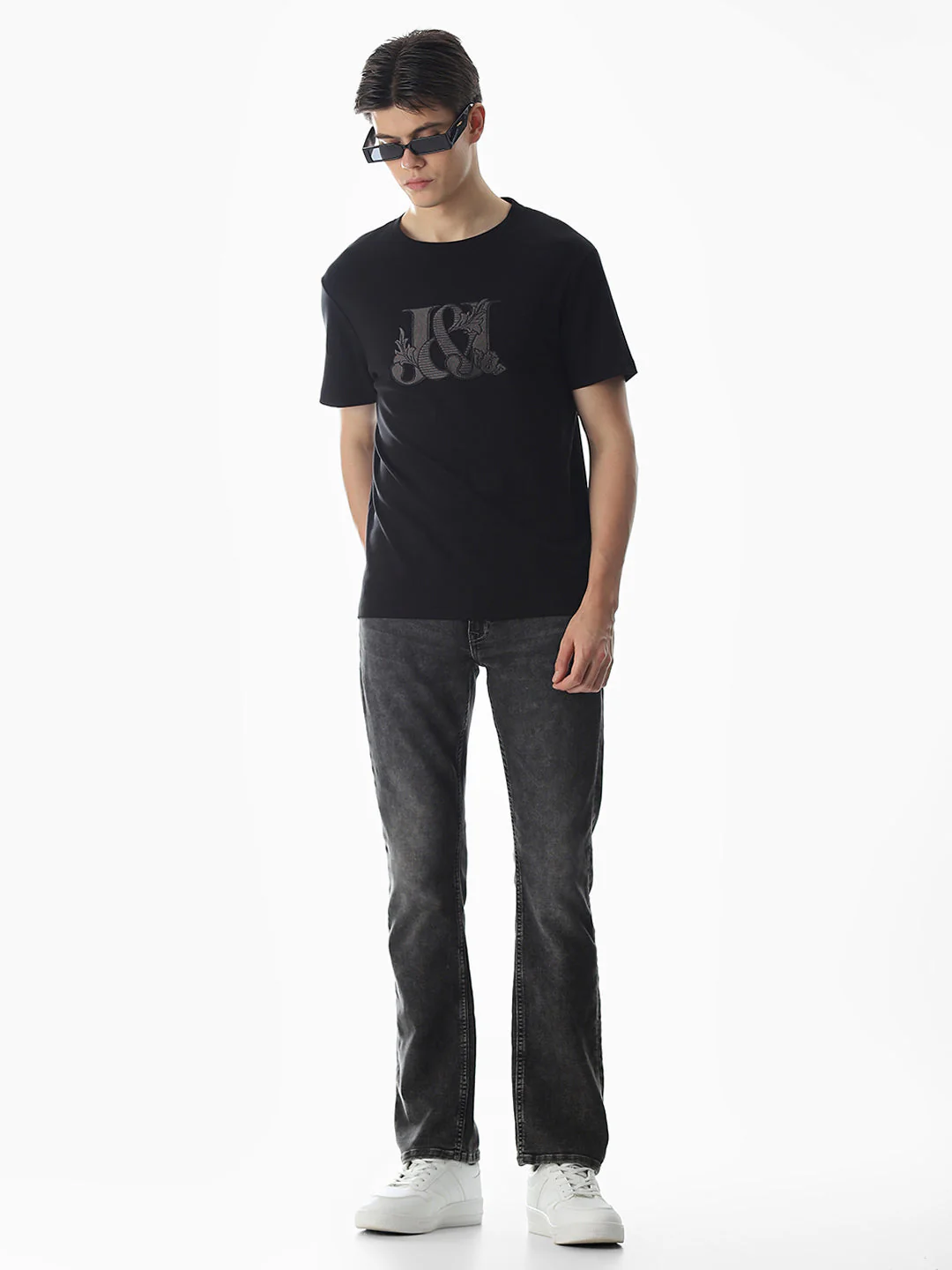 Black Applique Print Cotton T-shirt - Image 6