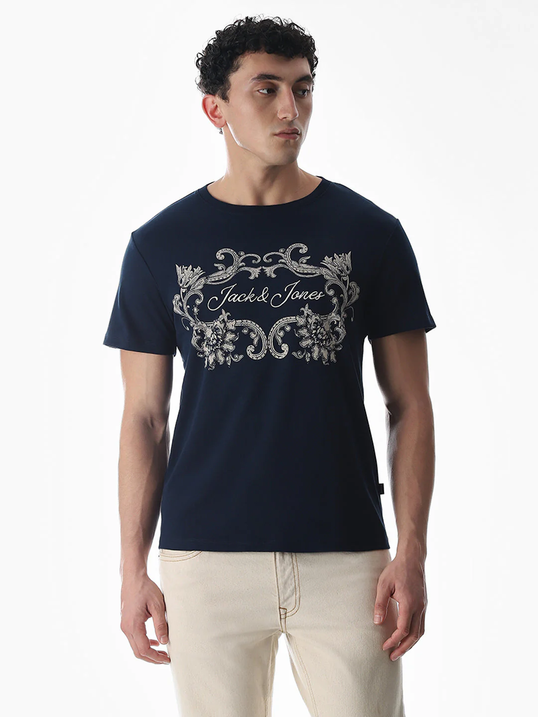 Navy Blue Printed Cotton T-shirt - Image 2