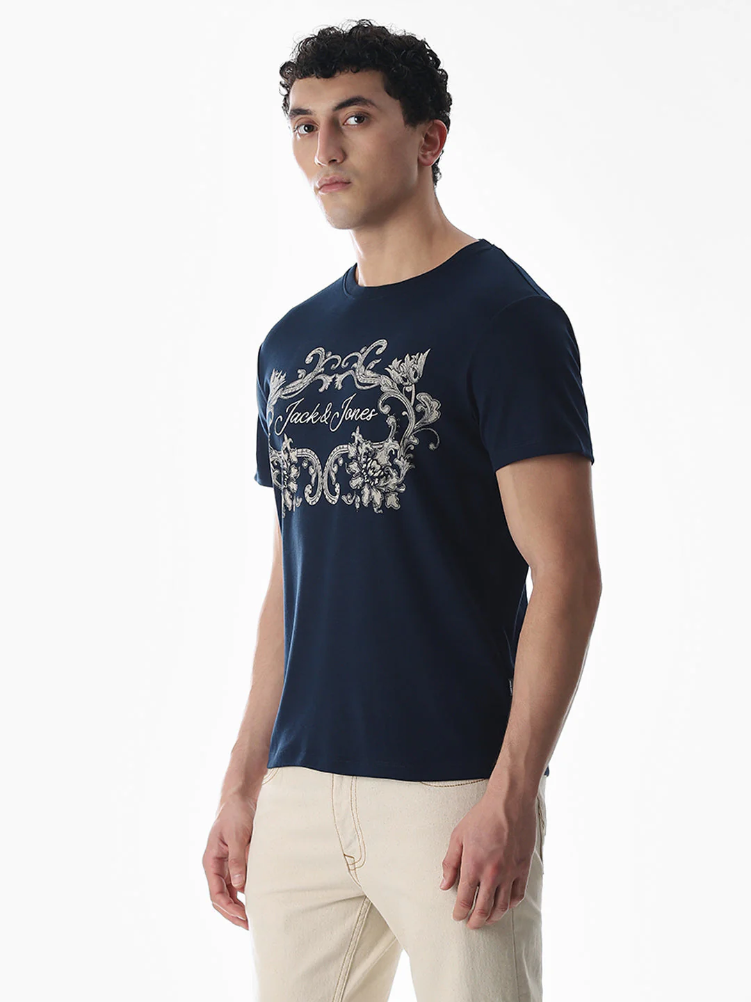 Navy Blue Printed Cotton T-shirt - Image 3