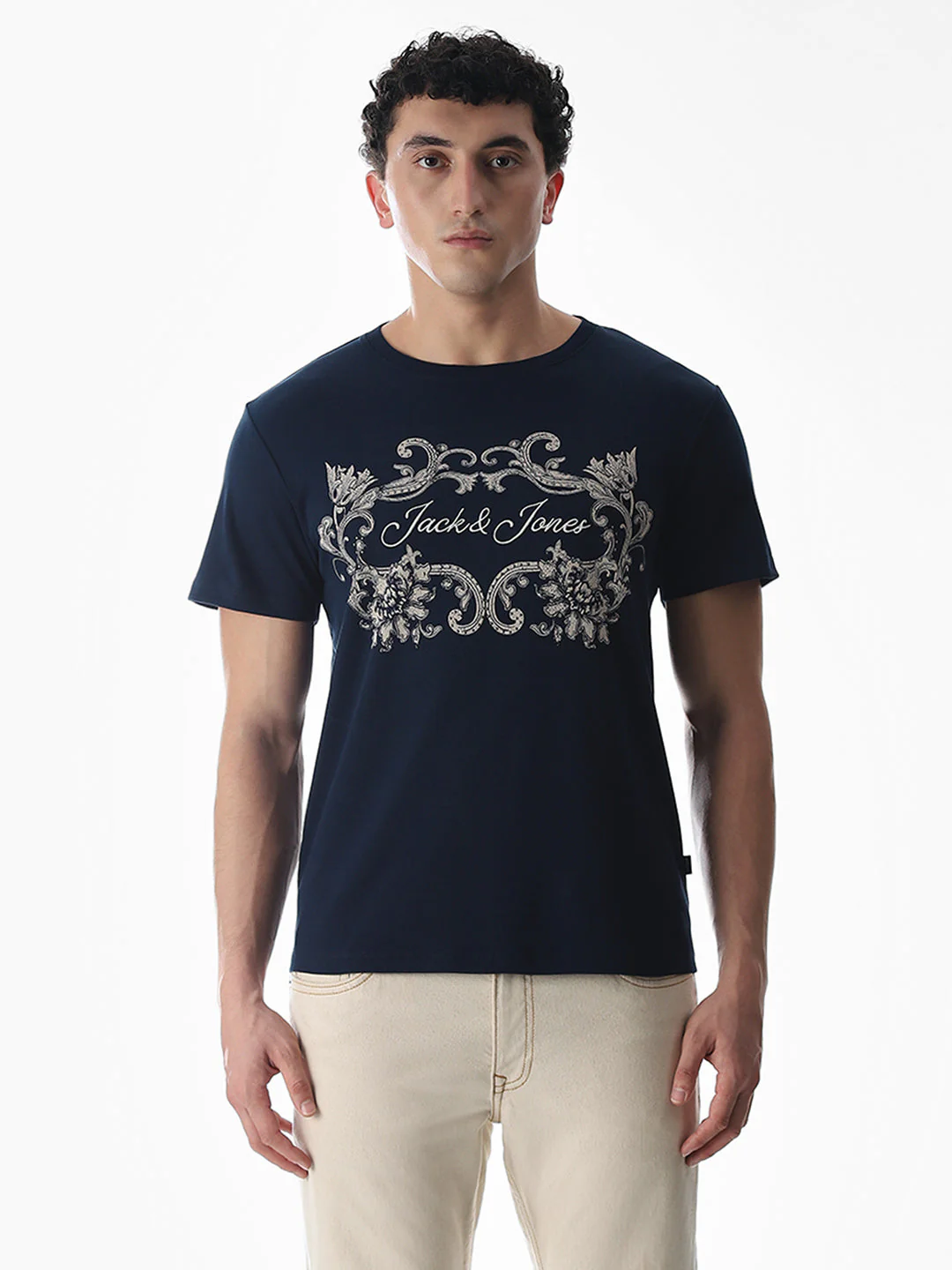 Navy Blue Printed Cotton T-shirt - Image 8