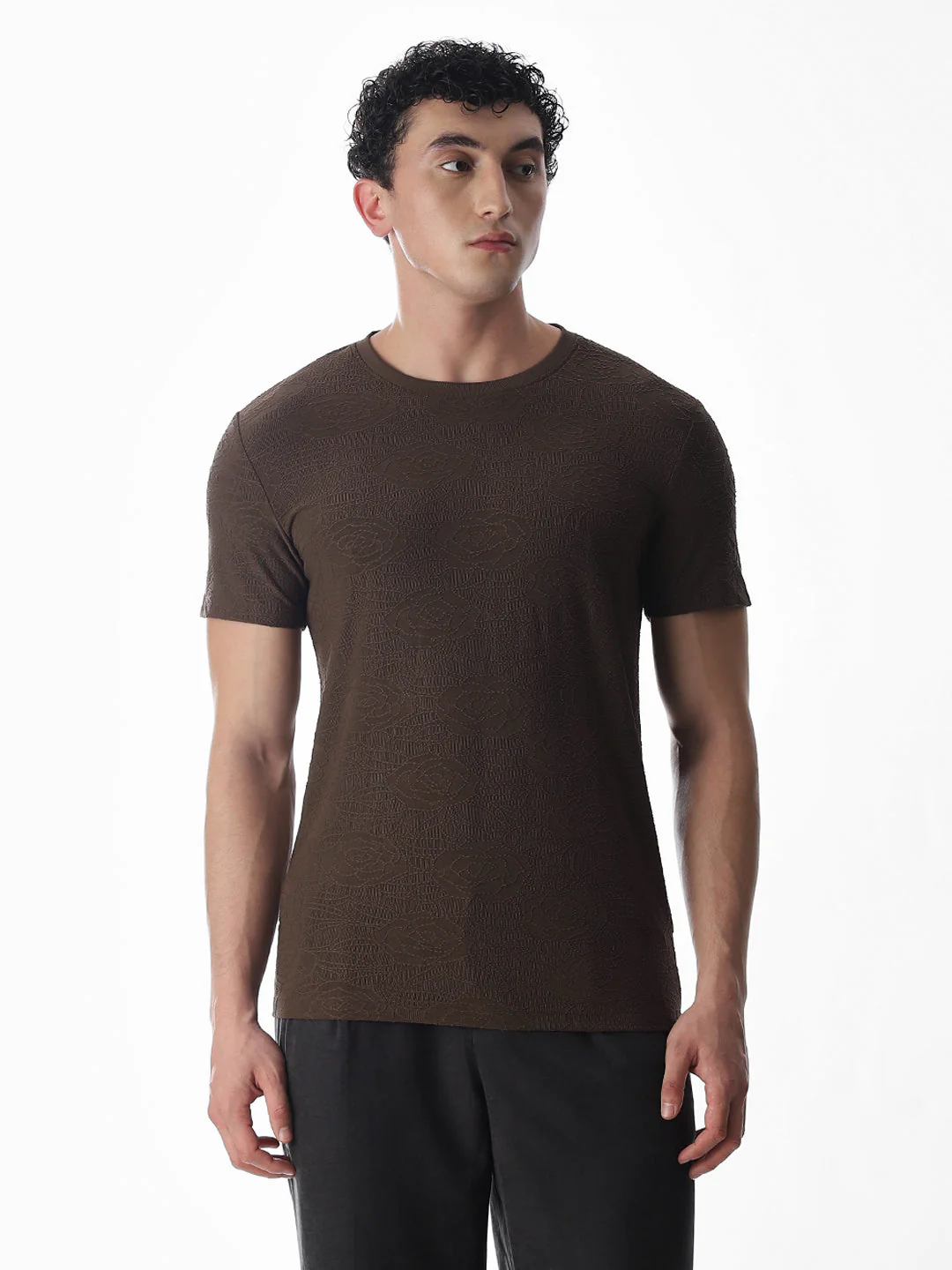 Self-Design Brown Crew Neck T-shirt - Image 2